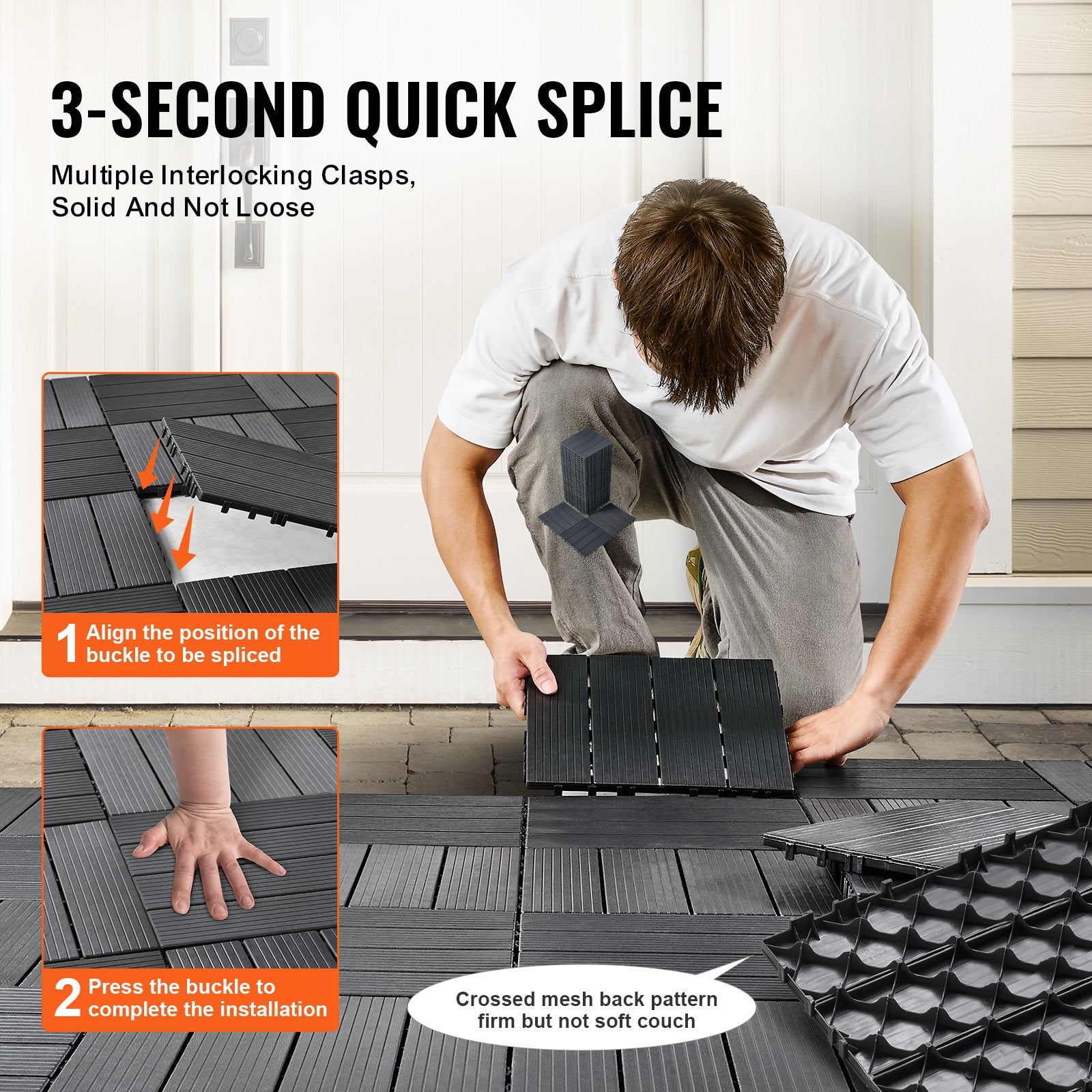 Durable Interlocking Deck Tiles, 36-Pack, Waterproof Plastic Flooring for All-Weather Outdoor Spaces - Patio, Porch, Poolside, Balcony, Backyard, Dark Grey