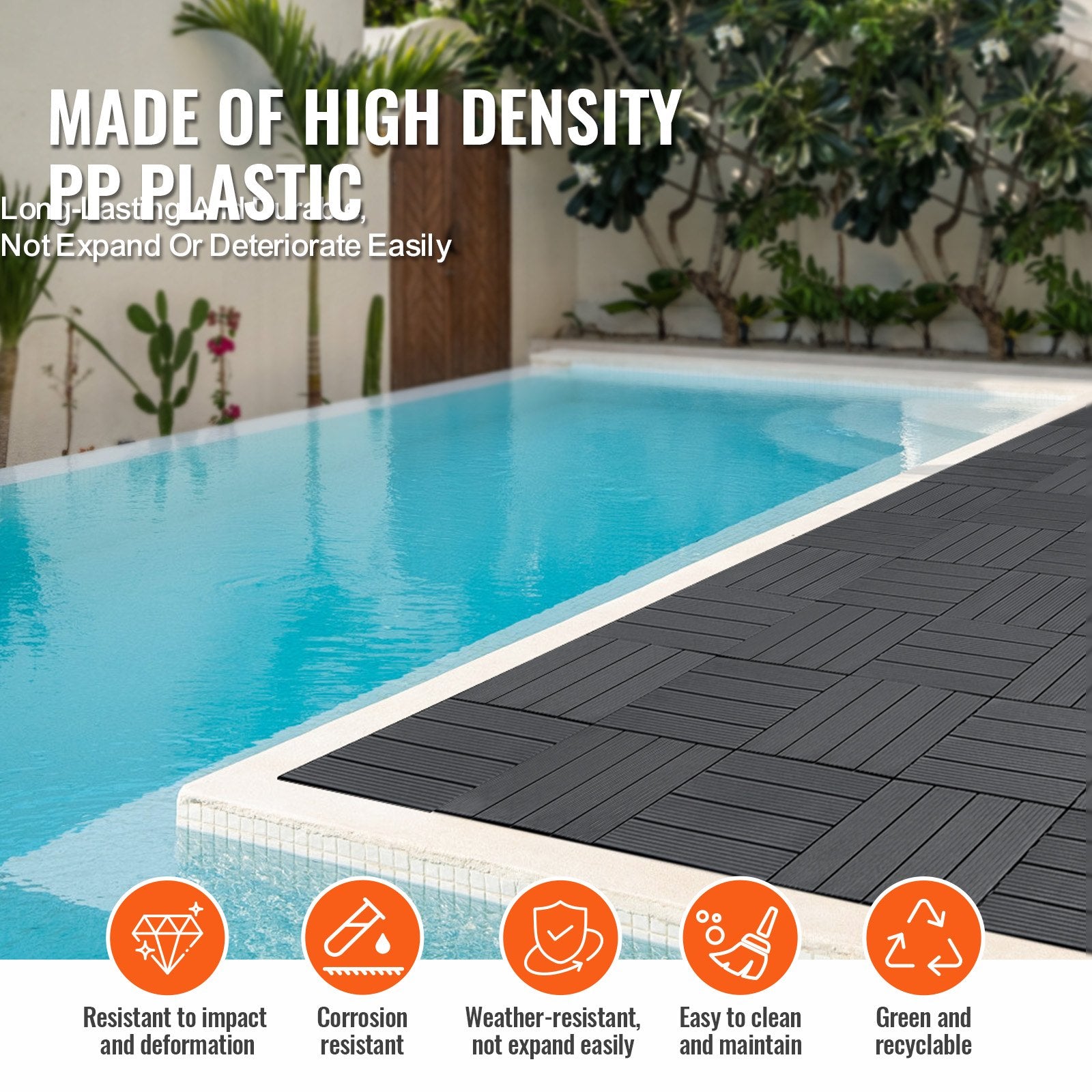 Durable Interlocking Deck Tiles, 36-Pack, Waterproof Plastic Flooring for All-Weather Outdoor Spaces - Patio, Porch, Poolside, Balcony, Backyard, Dark Grey