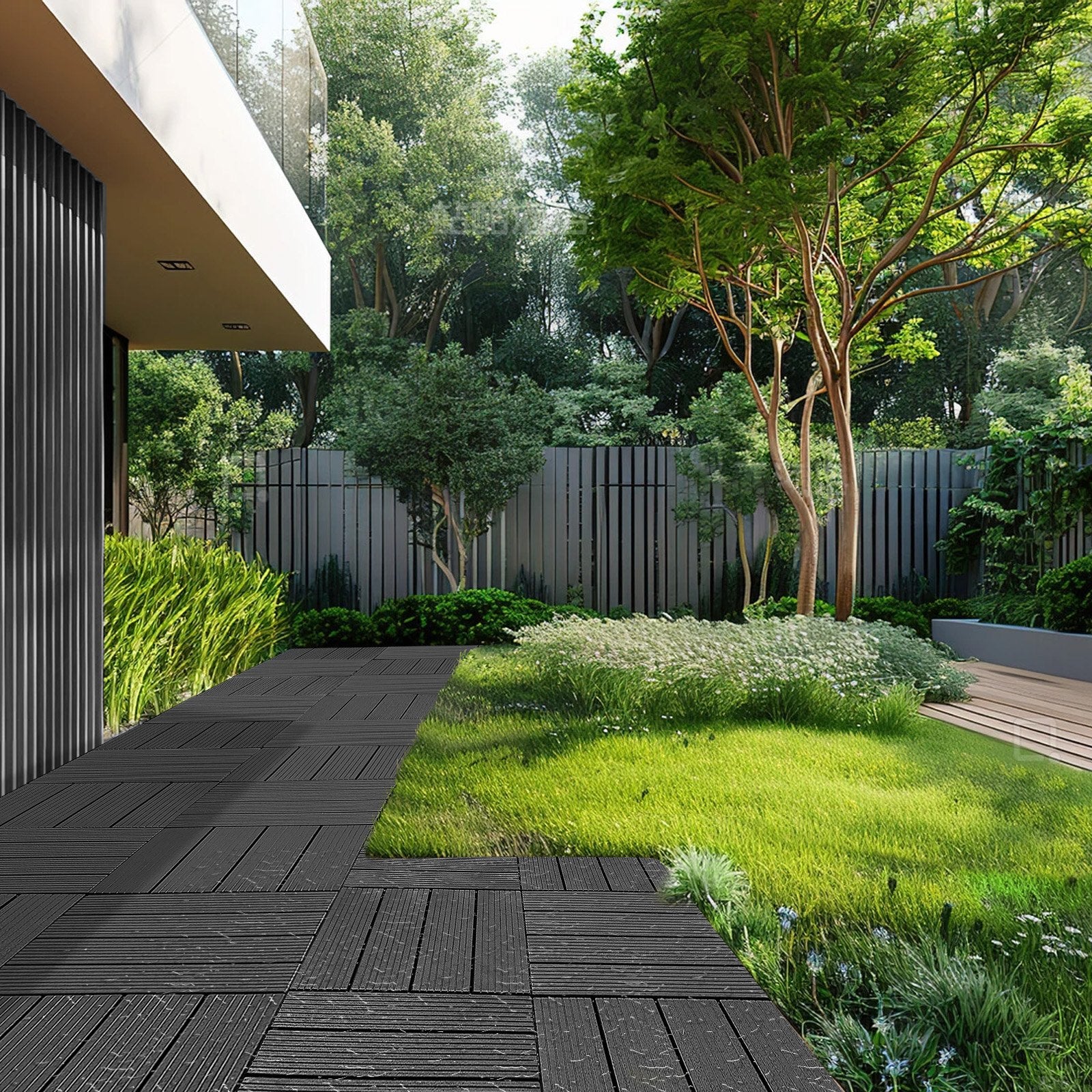 Durable Interlocking Deck Tiles, 36-Pack, Waterproof Plastic Flooring for All-Weather Outdoor Spaces - Patio, Porch, Poolside, Balcony, Backyard, Dark Grey