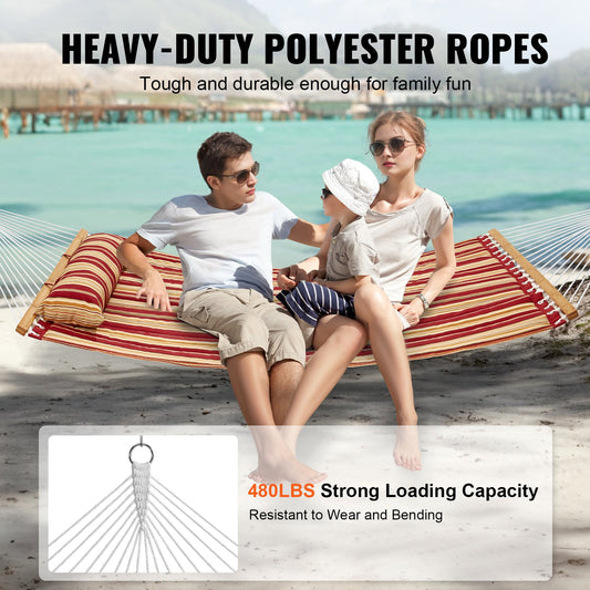 Luxurious 12 FT Double Quilted Hammock with Hardwood Bars, Detachable Pillow, and Chains - Ideal for Camping, Patio, Yard, or Beach, Supports 480 lbs