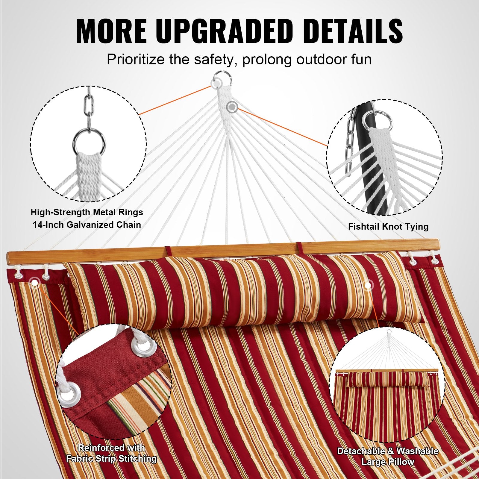 Luxurious 12 FT Double Quilted Hammock with Hardwood Bars, Detachable Pillow, and Chains - Ideal for Camping, Patio, Yard, or Beach, Supports 480 lbs