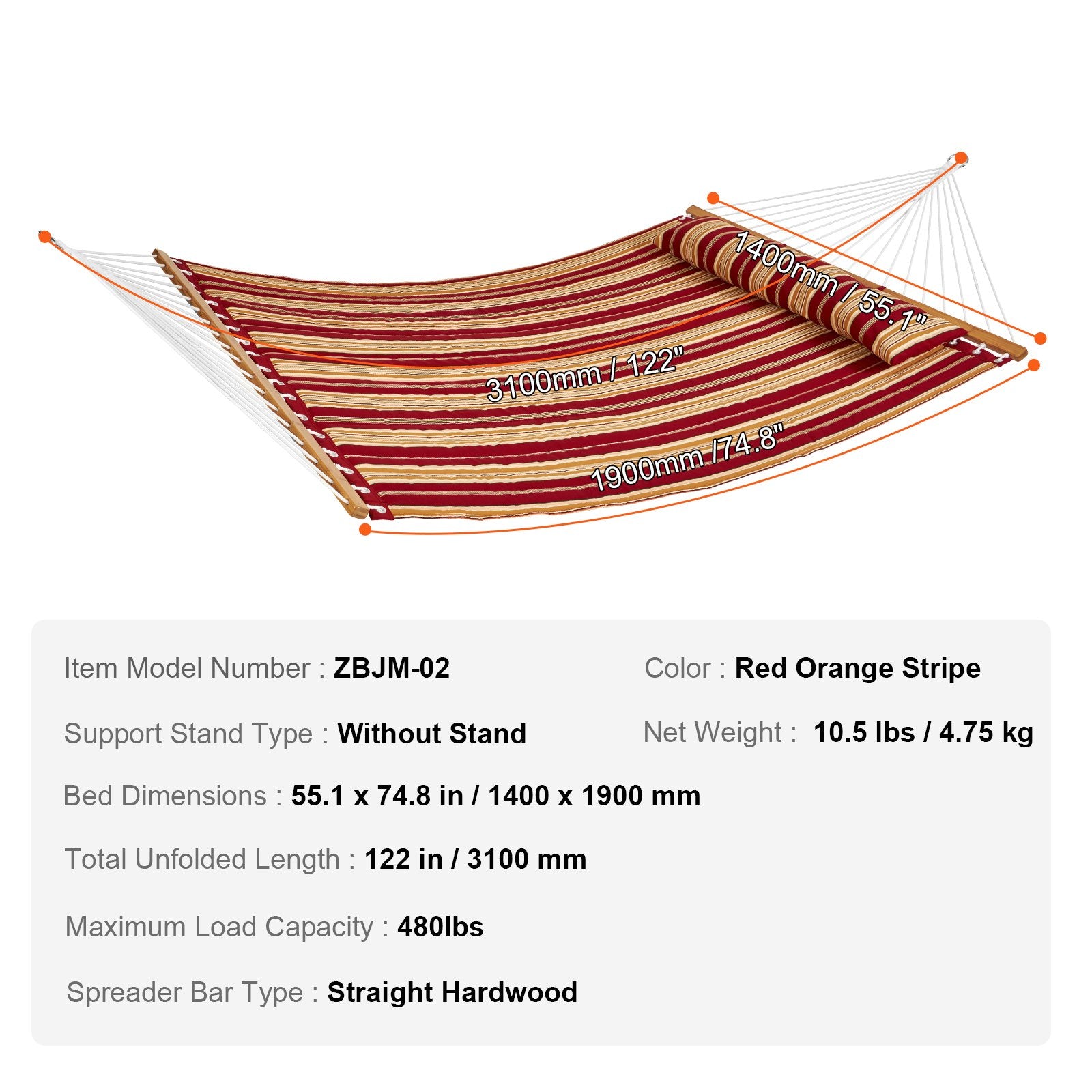 Luxurious 12 FT Double Quilted Hammock with Hardwood Bars, Detachable Pillow, and Chains - Ideal for Camping, Patio, Yard, or Beach, Supports 480 lbs