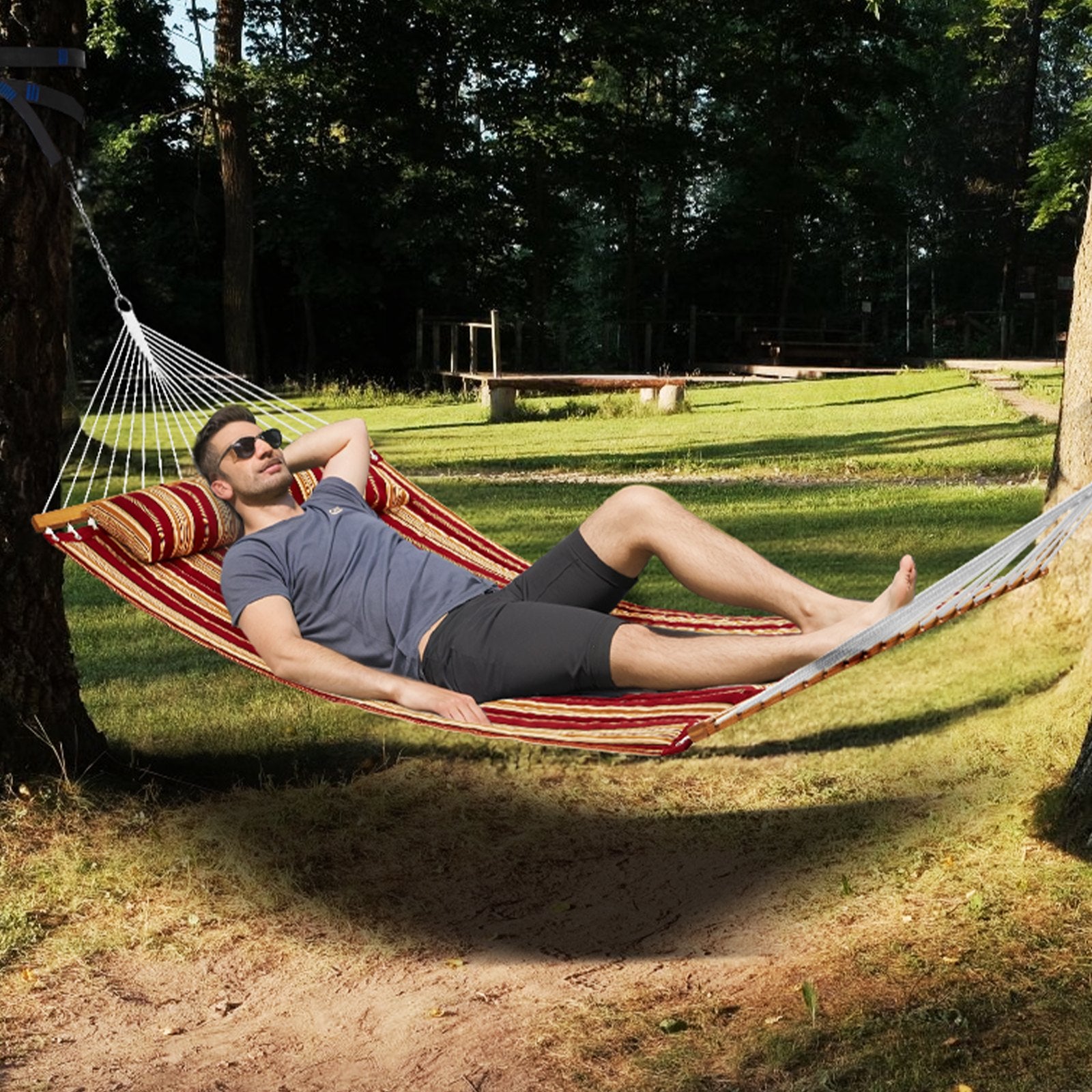 Luxurious 12 FT Double Quilted Hammock with Hardwood Bars, Detachable Pillow, and Chains - Ideal for Camping, Patio, Yard, or Beach, Supports 480 lbs