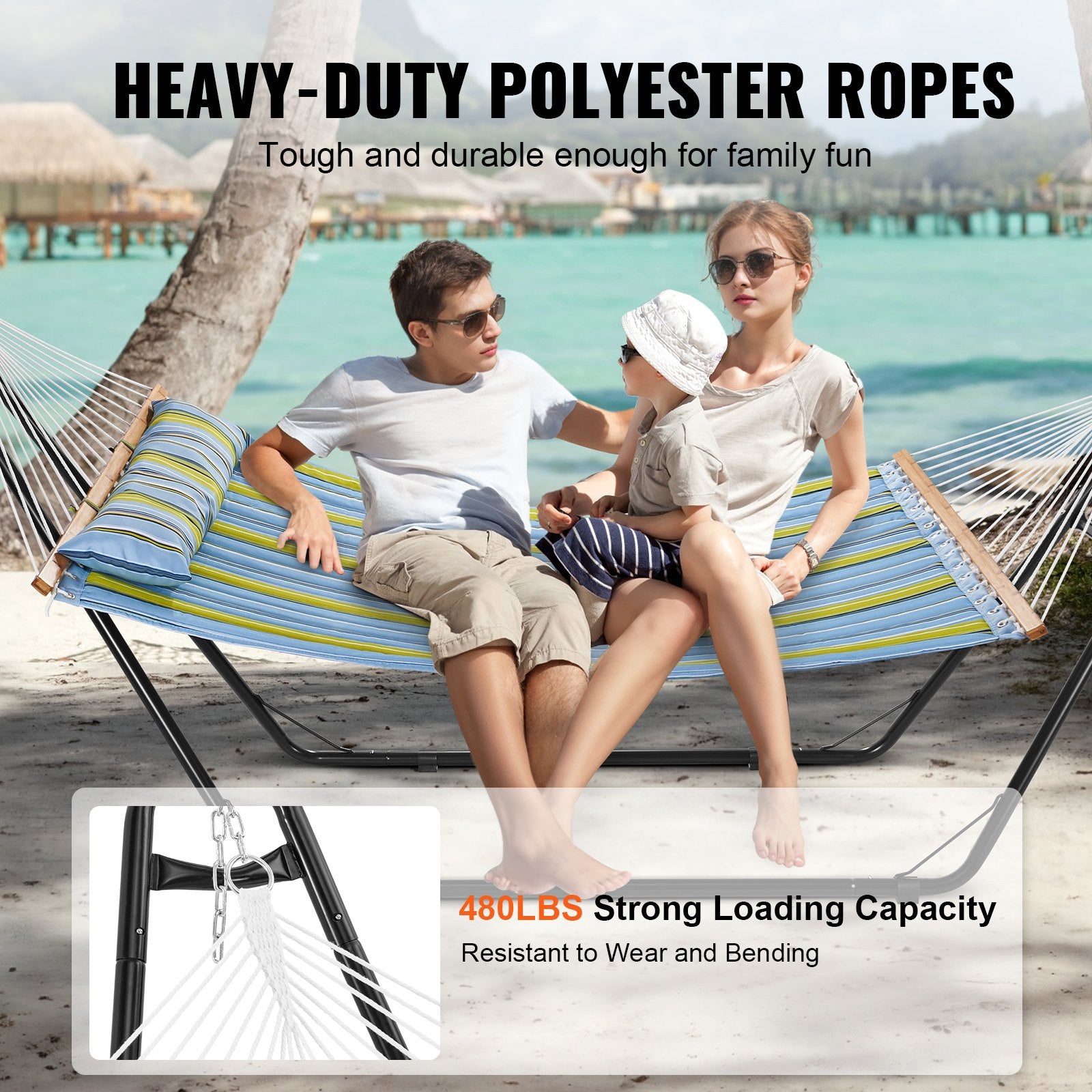 Double Hammock with Steel Stand & Pillow - 480lb Capacity, Portable Freestanding Hammock for Outdoor Patio, Yard, Beach Relaxation