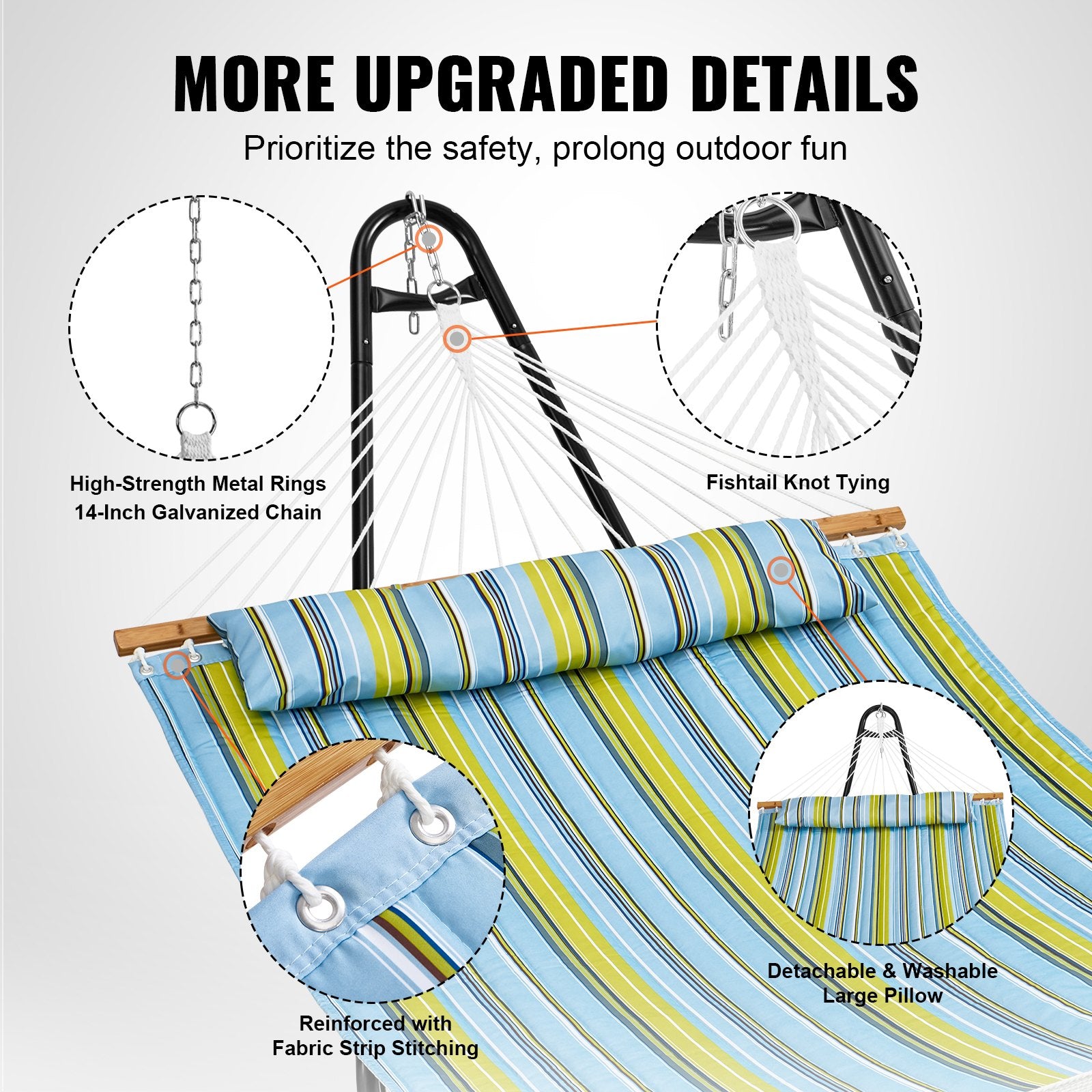 Double Hammock with Steel Stand & Pillow - 480lb Capacity, Portable Freestanding Hammock for Outdoor Patio, Yard, Beach Relaxation