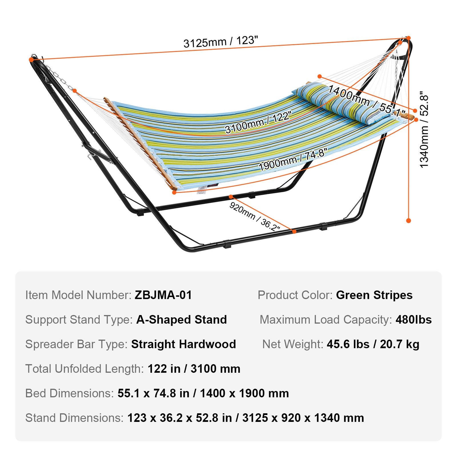Double Hammock with Steel Stand & Pillow - 480lb Capacity, Portable Freestanding Hammock for Outdoor Patio, Yard, Beach Relaxation