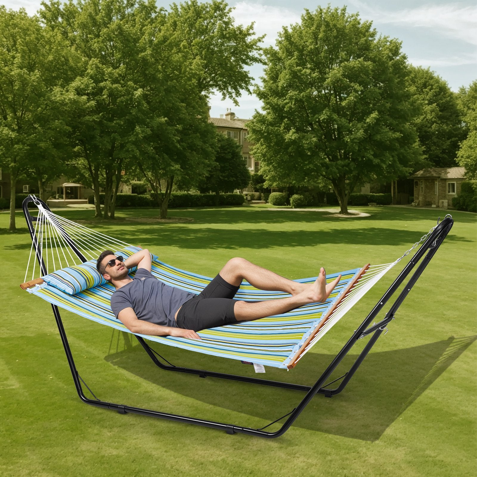 Double Hammock with Steel Stand & Pillow - 480lb Capacity, Portable Freestanding Hammock for Outdoor Patio, Yard, Beach Relaxation