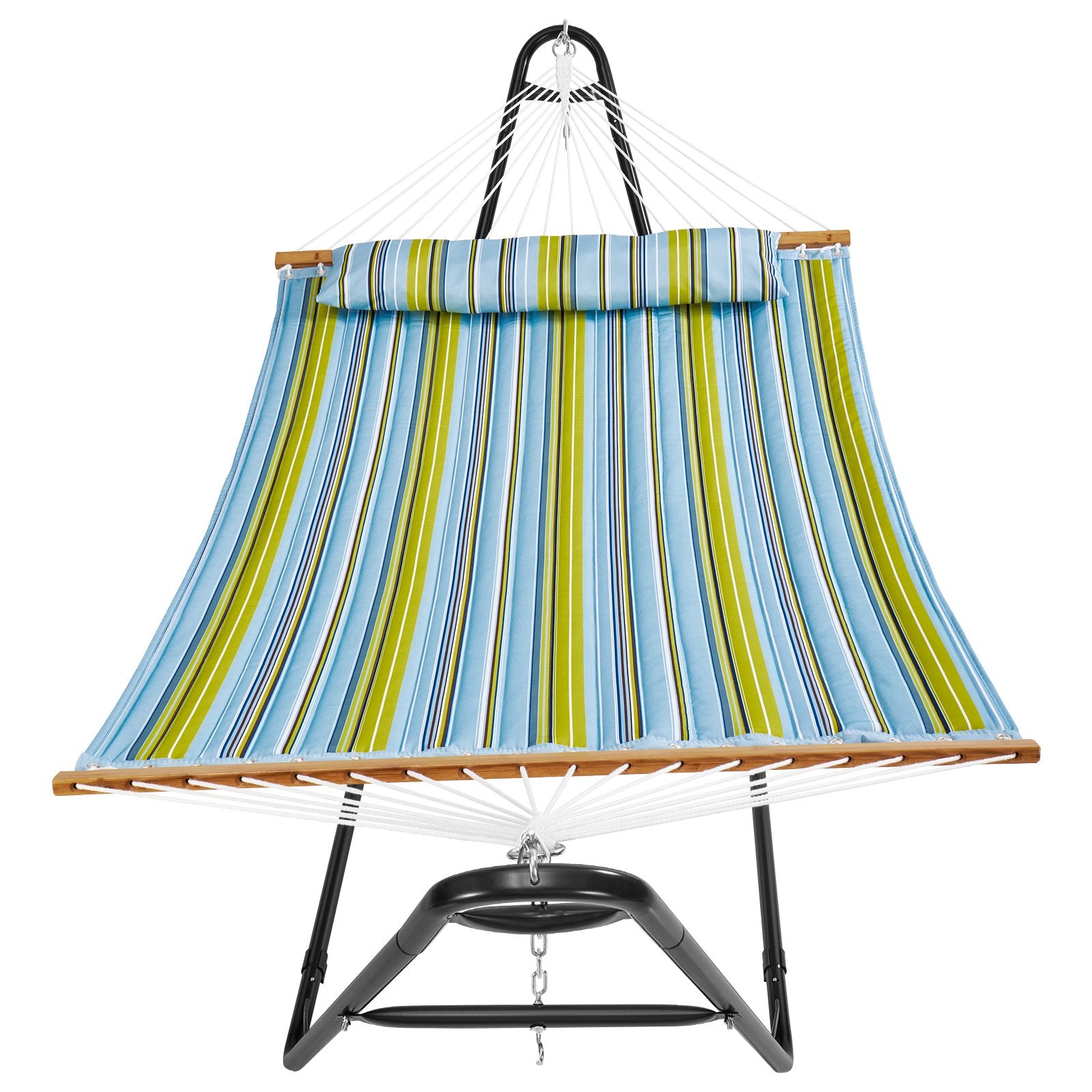 Double Hammock with Steel Stand & Pillow - 480lb Capacity, Portable Freestanding Hammock for Outdoor Patio, Yard, Beach Relaxation