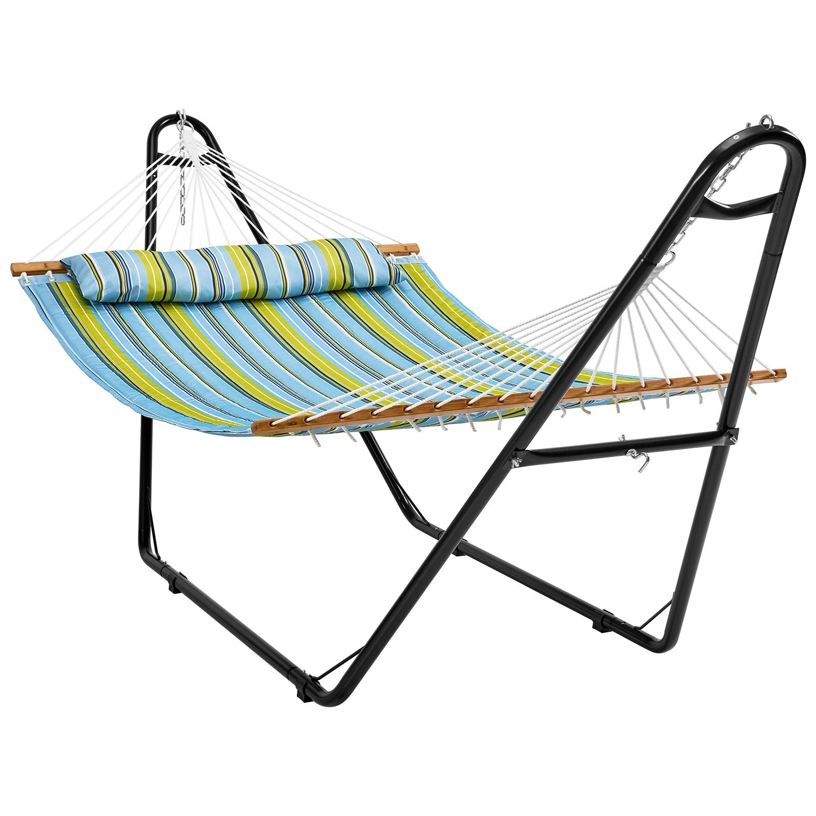 Double Hammock with Steel Stand & Pillow - 480lb Capacity, Portable Freestanding Hammock for Outdoor Patio, Yard, Beach Relaxation
