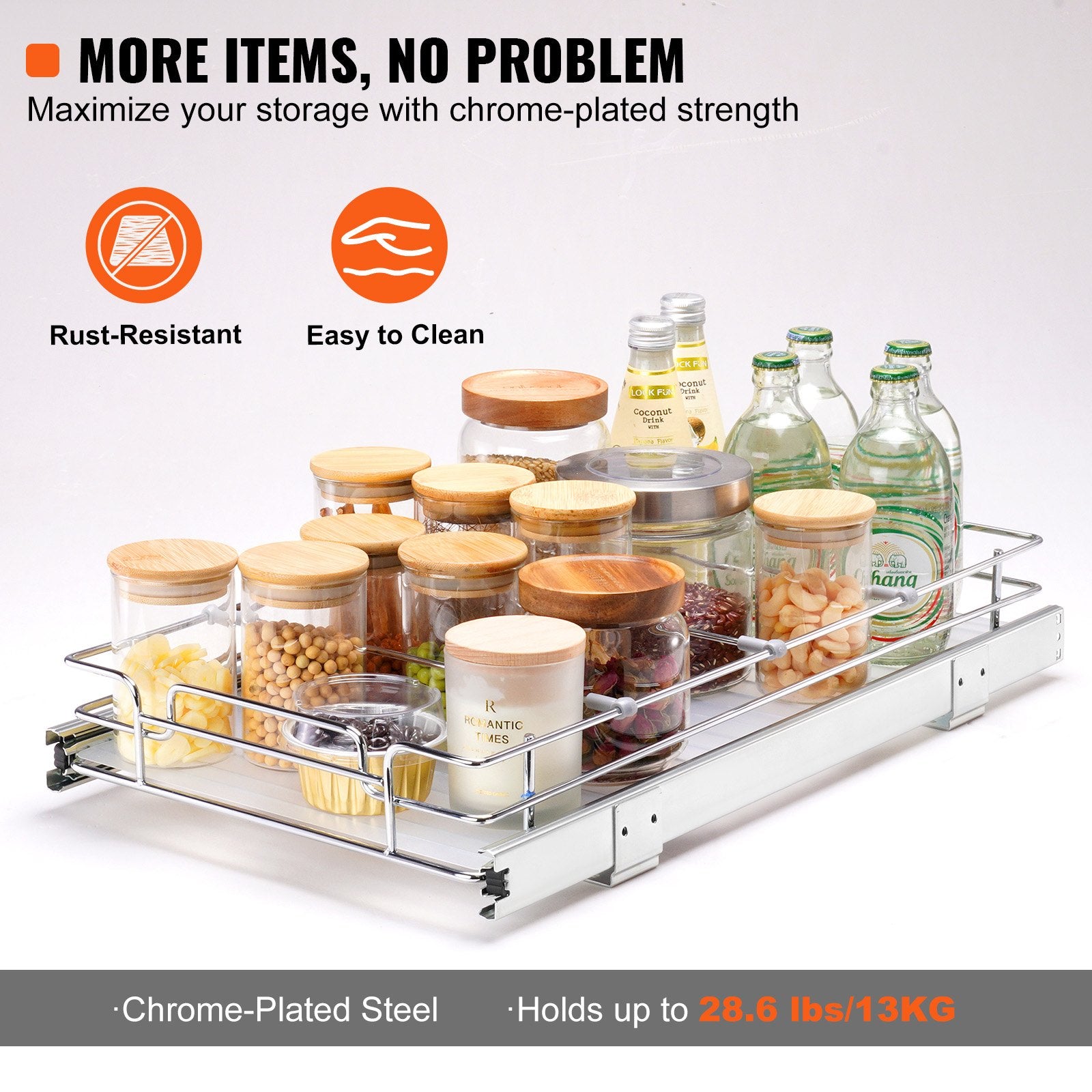 Heavy Duty Slide Out Pantry Shelves, 11"Wx21"D Steel Roll Out Drawers, Under Sink Sliding Storage Organizer, 13.5"Wx22"D Cabinet Install Size