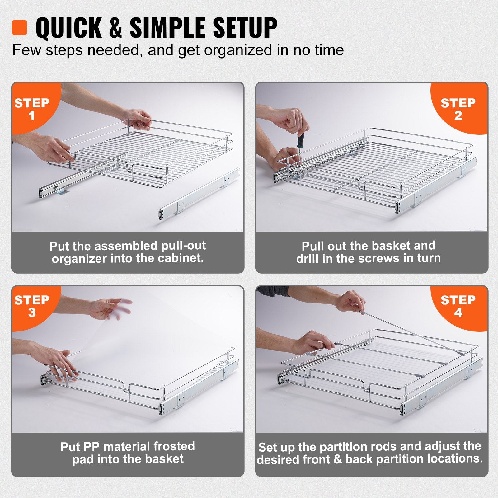 15.5"Wx21"D Pull Out Cabinet Organizer with Heavy Duty Steel Slide Out Pantry Shelves, Sliding Chrome-Plated Drawer Storage for Under Sink Use