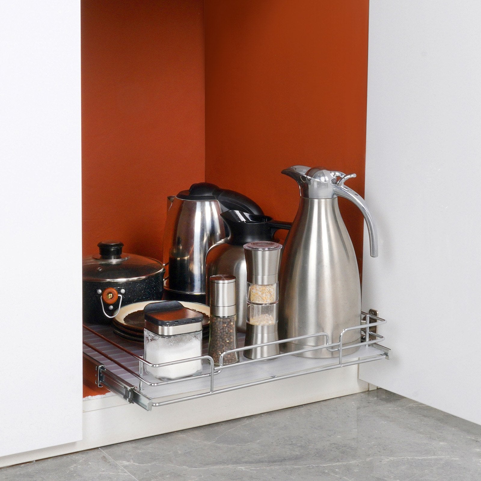 15.5"Wx21"D Pull Out Cabinet Organizer with Heavy Duty Steel Slide Out Pantry Shelves, Sliding Chrome-Plated Drawer Storage for Under Sink Use