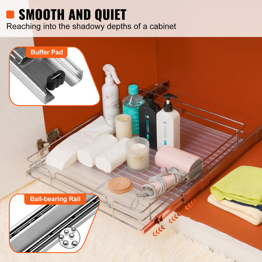 Heavy Duty 18.5"x21" Pull Out Cabinet Organizer for Under Sink, Chrome Steel Slide Out Pantry Shelves, Easy Install Roll Out Drawers