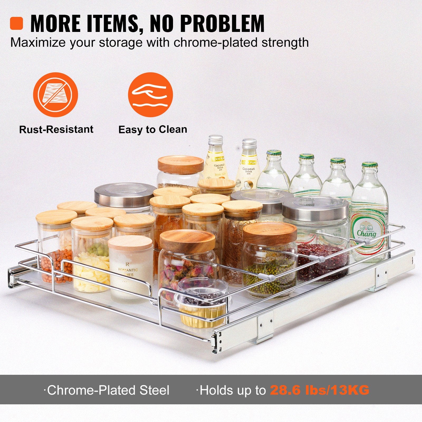 Heavy Duty 18.5"x21" Pull Out Cabinet Organizer for Under Sink, Chrome Steel Slide Out Pantry Shelves, Easy Install Roll Out Drawers