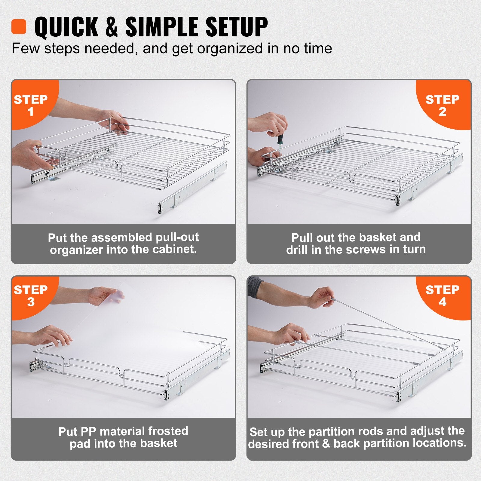 21.5"x21"D Slide-Out Cabinet Organizer, Heavy Duty Chrome-Plated Steel Pull-Out Pantry Shelves for Under Sink Storage, 28.6 lbs Capacity