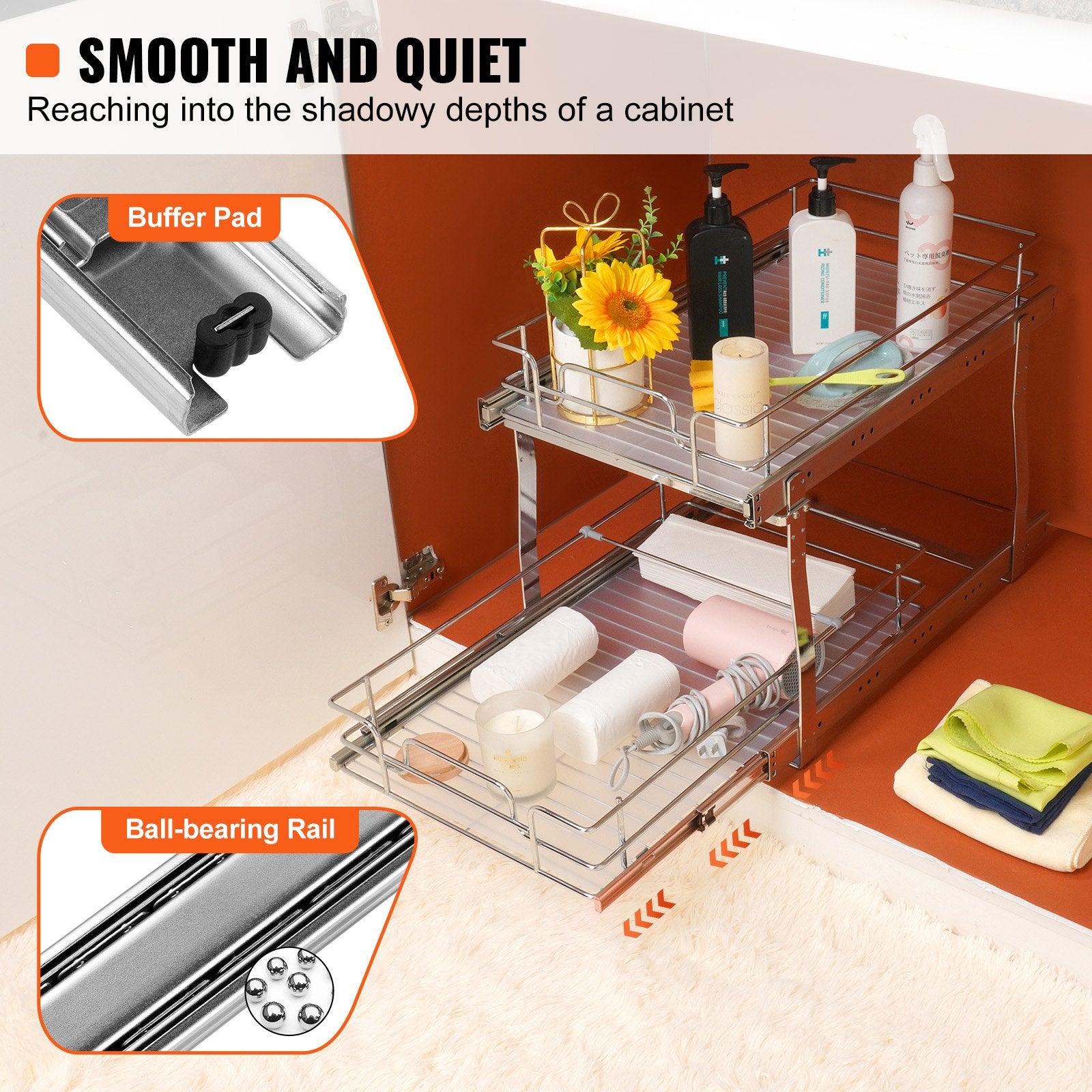 2 Tier Slide Out Cabinet Organizer, Heavy Duty Pull Out Pantry Shelves, Steel Roll Out Drawers, Easy Install Sliding Storage Solution for Kitchen Cabinets