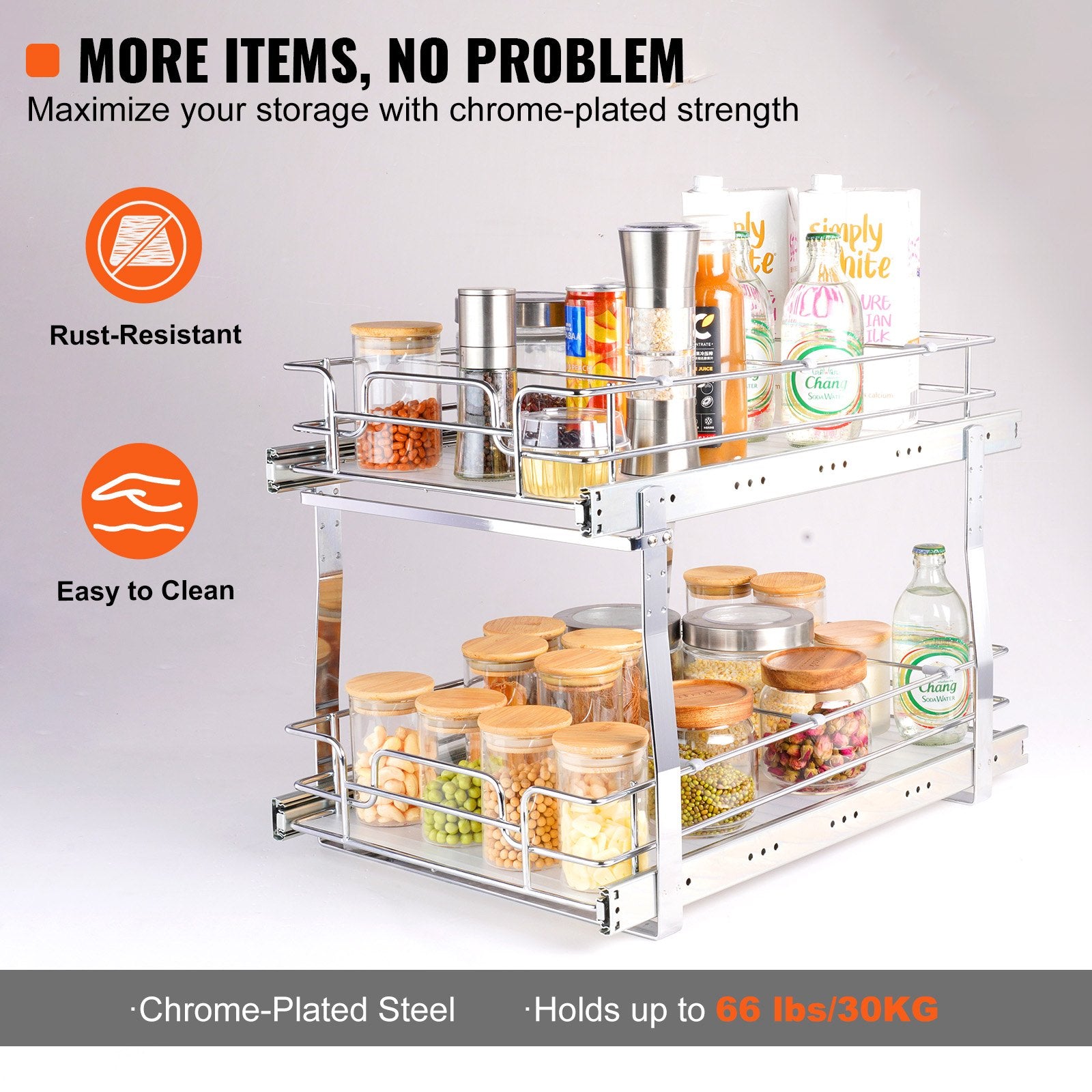 2 Tier Slide Out Cabinet Organizer, Heavy Duty Pull Out Pantry Shelves, Steel Roll Out Drawers, Easy Install Sliding Storage Solution for Kitchen Cabinets