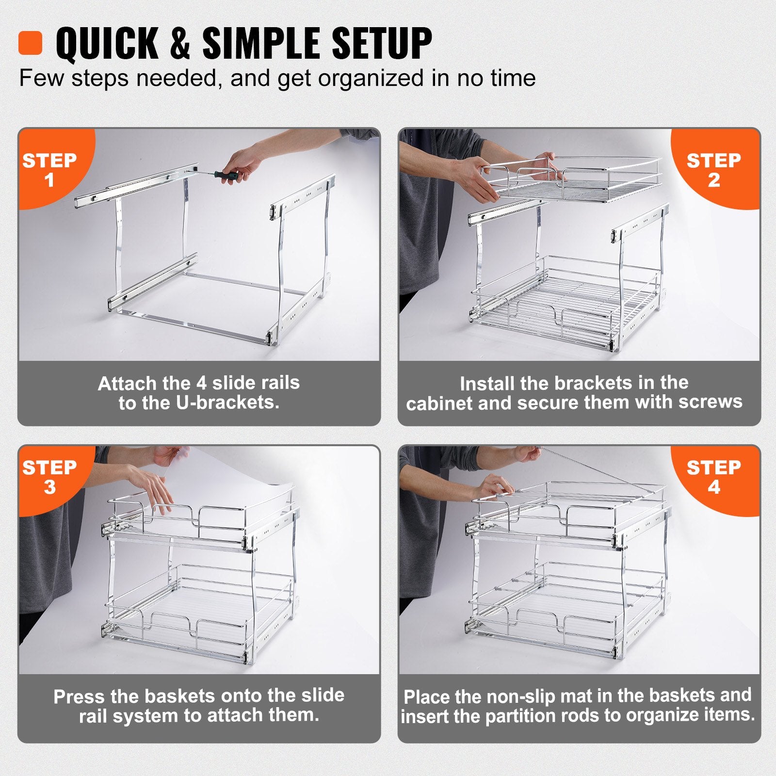 2 Tier Slide Out Cabinet Organizer, Heavy Duty Pull Out Pantry Shelves, Steel Roll Out Drawers, Easy Install Sliding Storage Solution for Kitchen Cabinets