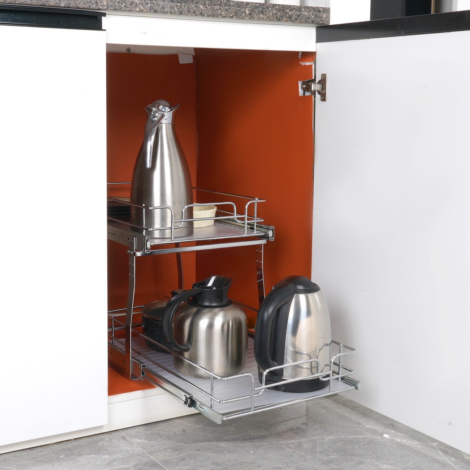 2 Tier Slide Out Cabinet Organizer, Heavy Duty Pull Out Pantry Shelves, Steel Roll Out Drawers, Easy Install Sliding Storage Solution for Kitchen Cabinets