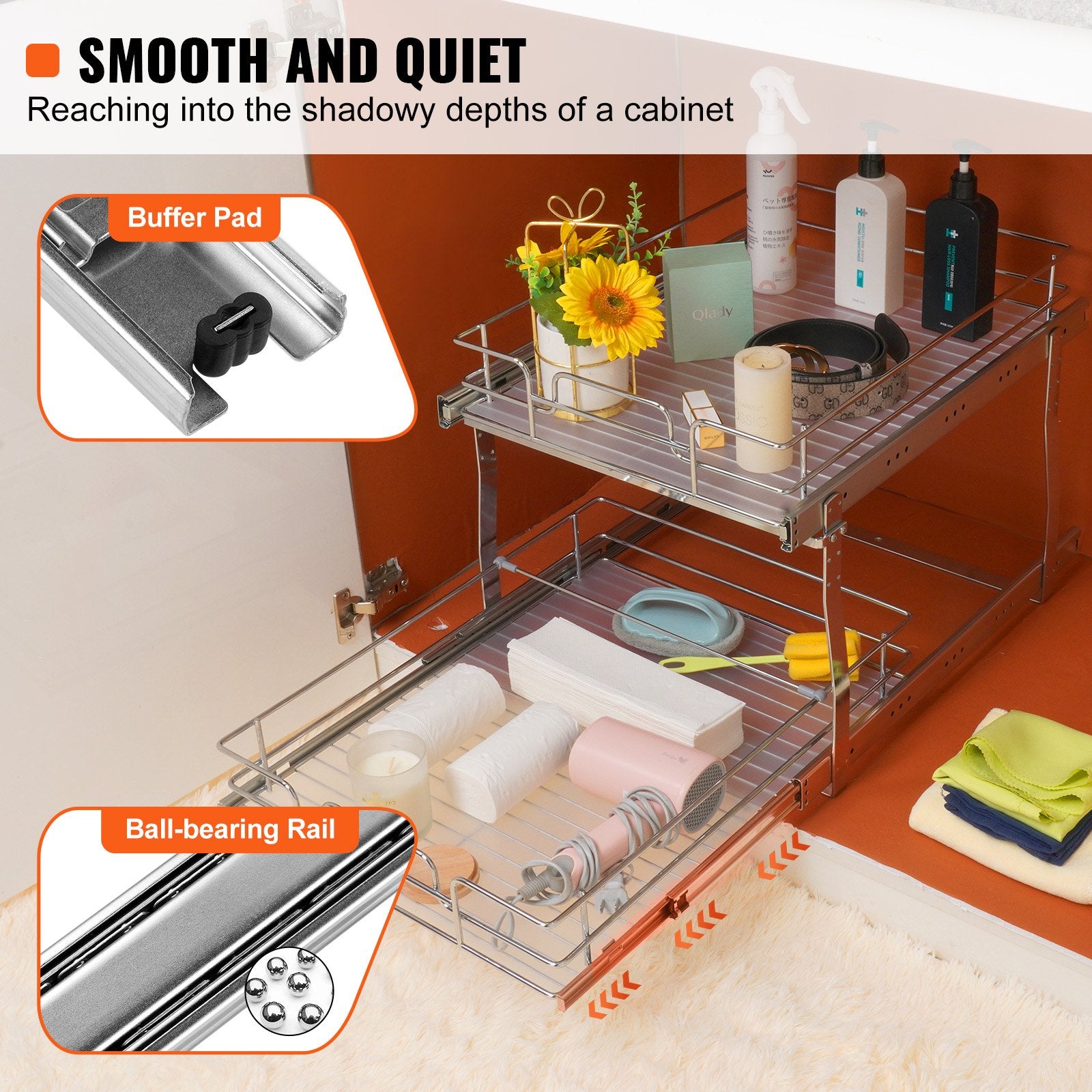 2 Tier Steel Pull Out Cabinet Organizer, Heavy Duty Slide Out Pantry Shelves, Chrome-Plated Roll Out Drawers for Kitchen Storage, 18.5"Wx22"Dx18"H Easy Install, Anti-Slip Design, 66 lbs Capacity