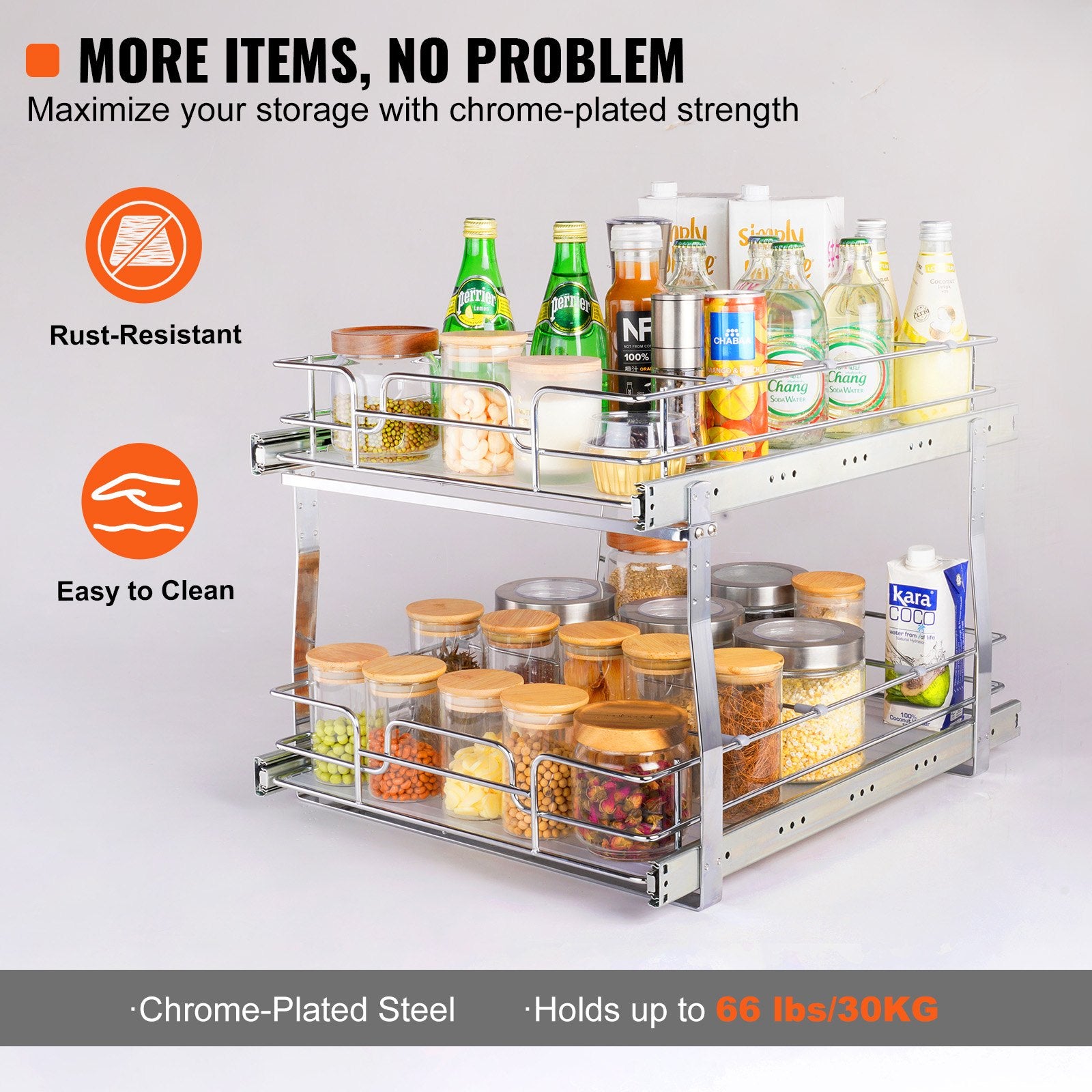 2 Tier Steel Pull Out Cabinet Organizer, Heavy Duty Slide Out Pantry Shelves, Chrome-Plated Roll Out Drawers for Kitchen Storage, 18.5"Wx22"Dx18"H Easy Install, Anti-Slip Design, 66 lbs Capacity