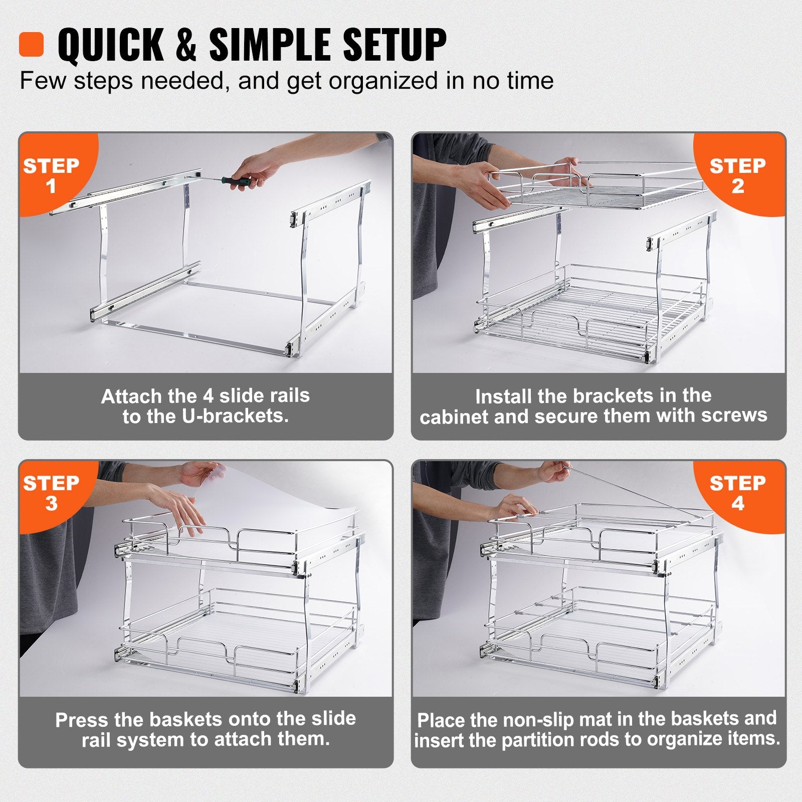 2 Tier Steel Pull Out Cabinet Organizer, Heavy Duty Slide Out Pantry Shelves, Chrome-Plated Roll Out Drawers for Kitchen Storage, 18.5"Wx22"Dx18"H Easy Install, Anti-Slip Design, 66 lbs Capacity