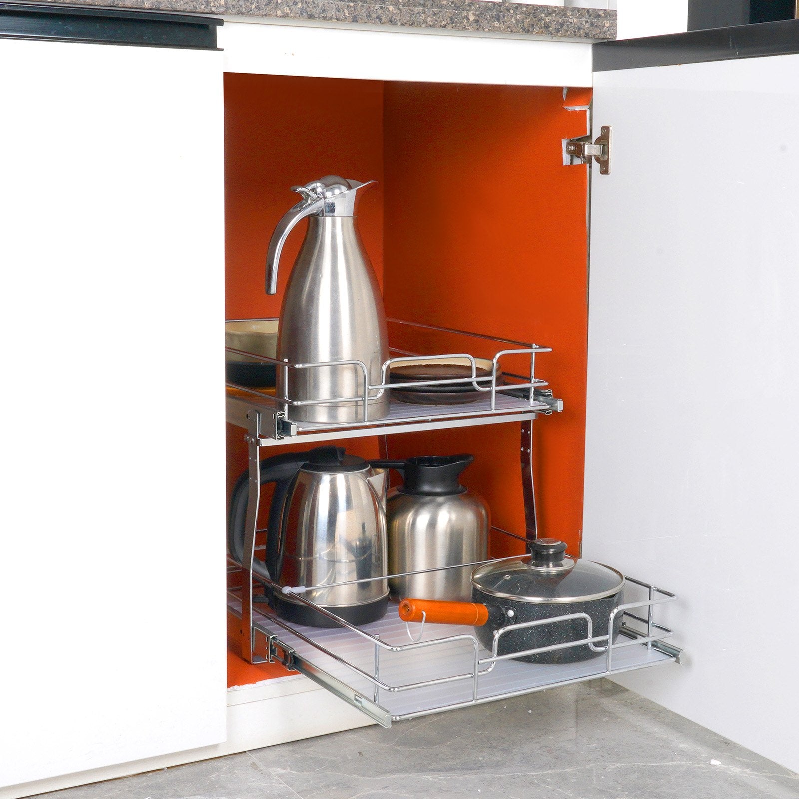 2 Tier Steel Pull Out Cabinet Organizer, Heavy Duty Slide Out Pantry Shelves, Chrome-Plated Roll Out Drawers for Kitchen Storage, 18.5"Wx22"Dx18"H Easy Install, Anti-Slip Design, 66 lbs Capacity