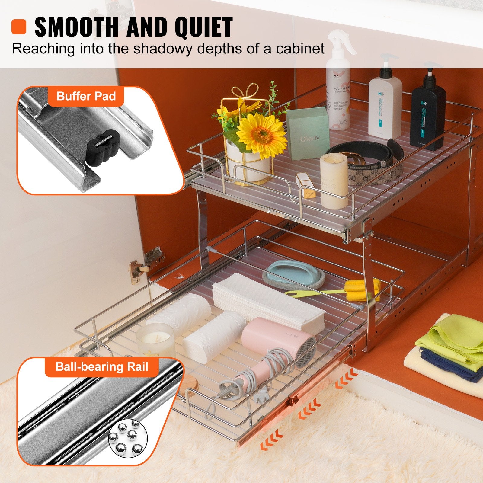 2-Tier Chrome-Plated Steel Pull-Out Cabinet Organizer, Heavy Duty Slide-Out Pantry Shelves for Kitchen Storage, 20"x21"x15" with Easy Sliding Roll Out Drawers Installation