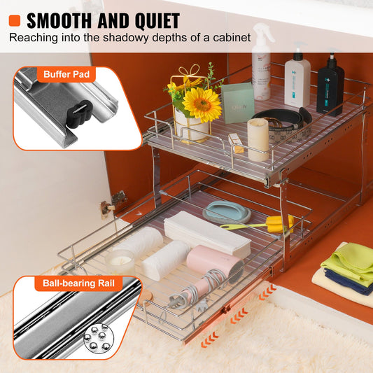 2-Tier Chrome-Plated Steel Pull-Out Cabinet Organizer, Heavy Duty Slide-Out Pantry Shelves for Kitchen Storage, 20"x21"x15" with Easy Sliding Roll Out Drawers Installation