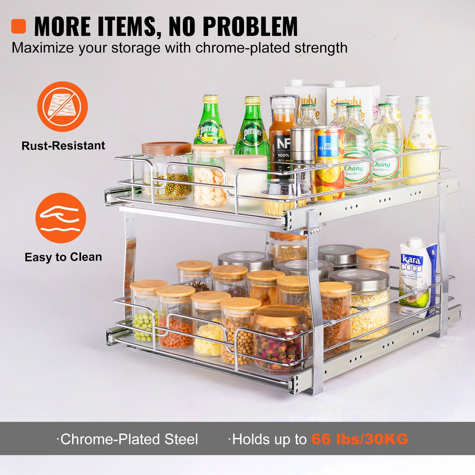 2-Tier Chrome-Plated Steel Pull-Out Cabinet Organizer, Heavy Duty Slide-Out Pantry Shelves for Kitchen Storage, 20"x21"x15" with Easy Sliding Roll Out Drawers Installation
