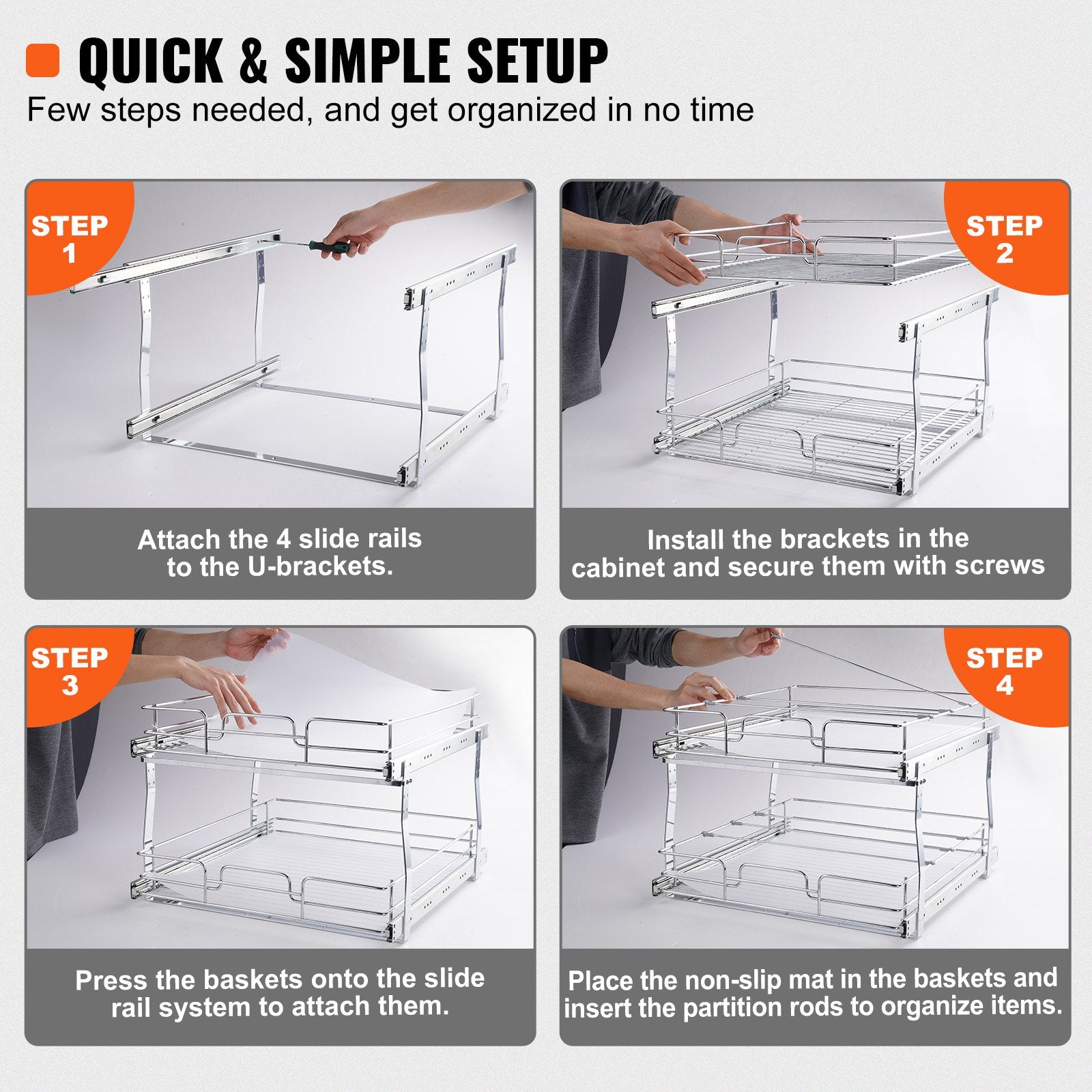 2-Tier Chrome-Plated Steel Pull-Out Cabinet Organizer, Heavy Duty Slide-Out Pantry Shelves for Kitchen Storage, 20"x21"x15" with Easy Sliding Roll Out Drawers Installation