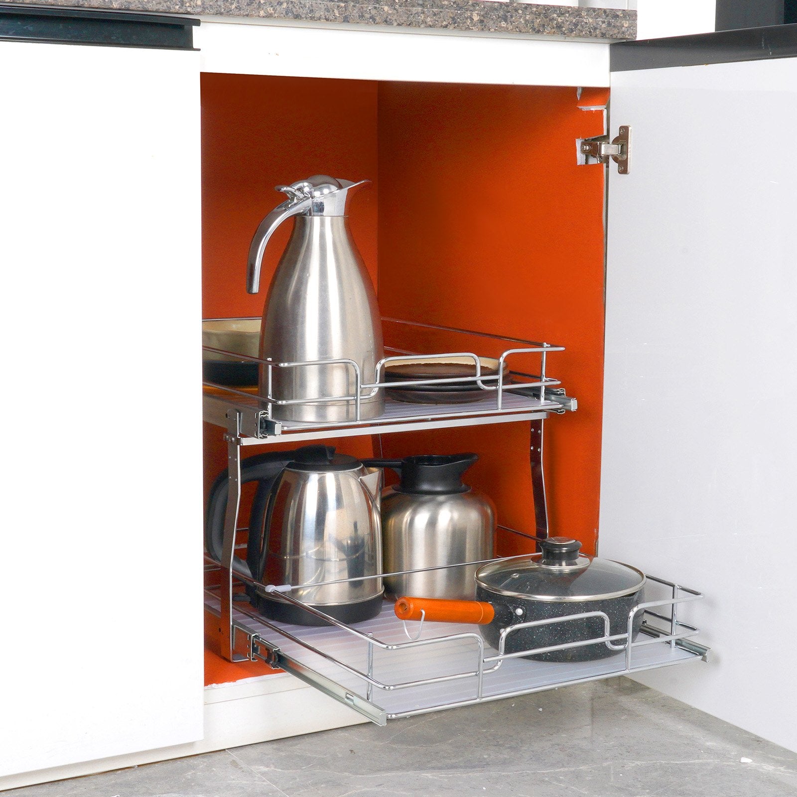 2-Tier Chrome-Plated Steel Pull-Out Cabinet Organizer, Heavy Duty Slide-Out Pantry Shelves for Kitchen Storage, 20"x21"x15" with Easy Sliding Roll Out Drawers Installation