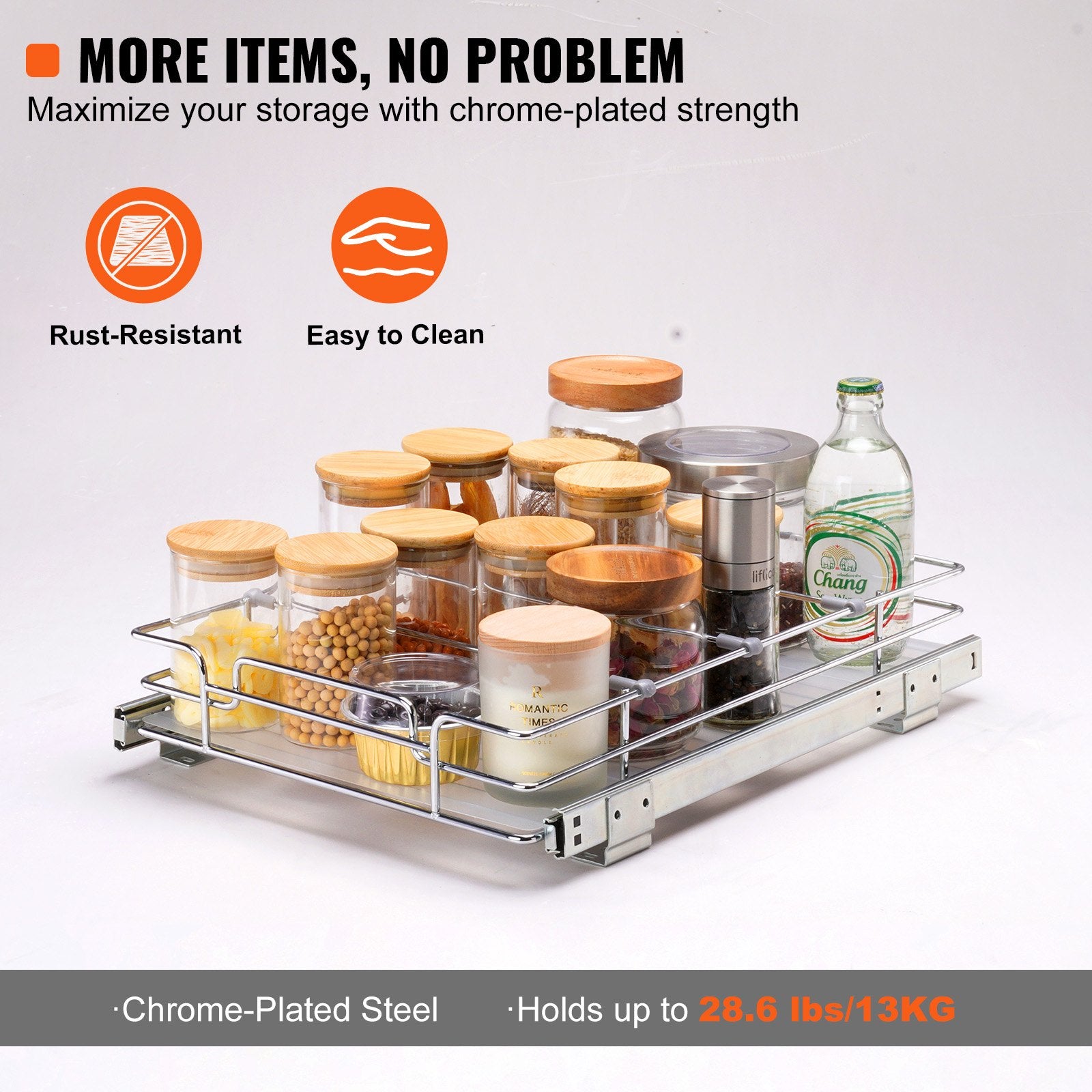 12.5" Wide Pull Out Cabinet Organizer with Heavy Duty Slide Out Pantry Shelves, Steel Roll Out Drawers for Under Sink Storage, Easy Install & Anti-Slip Design