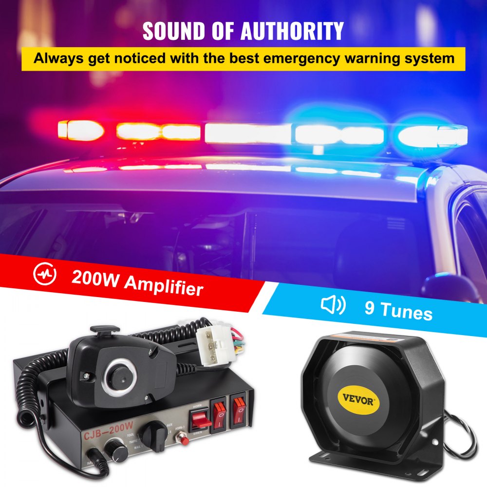 200W Emergency Car Alarm System with 9-Tone Sirens and Handheld Microphone for Fire Trucks and Vehicles