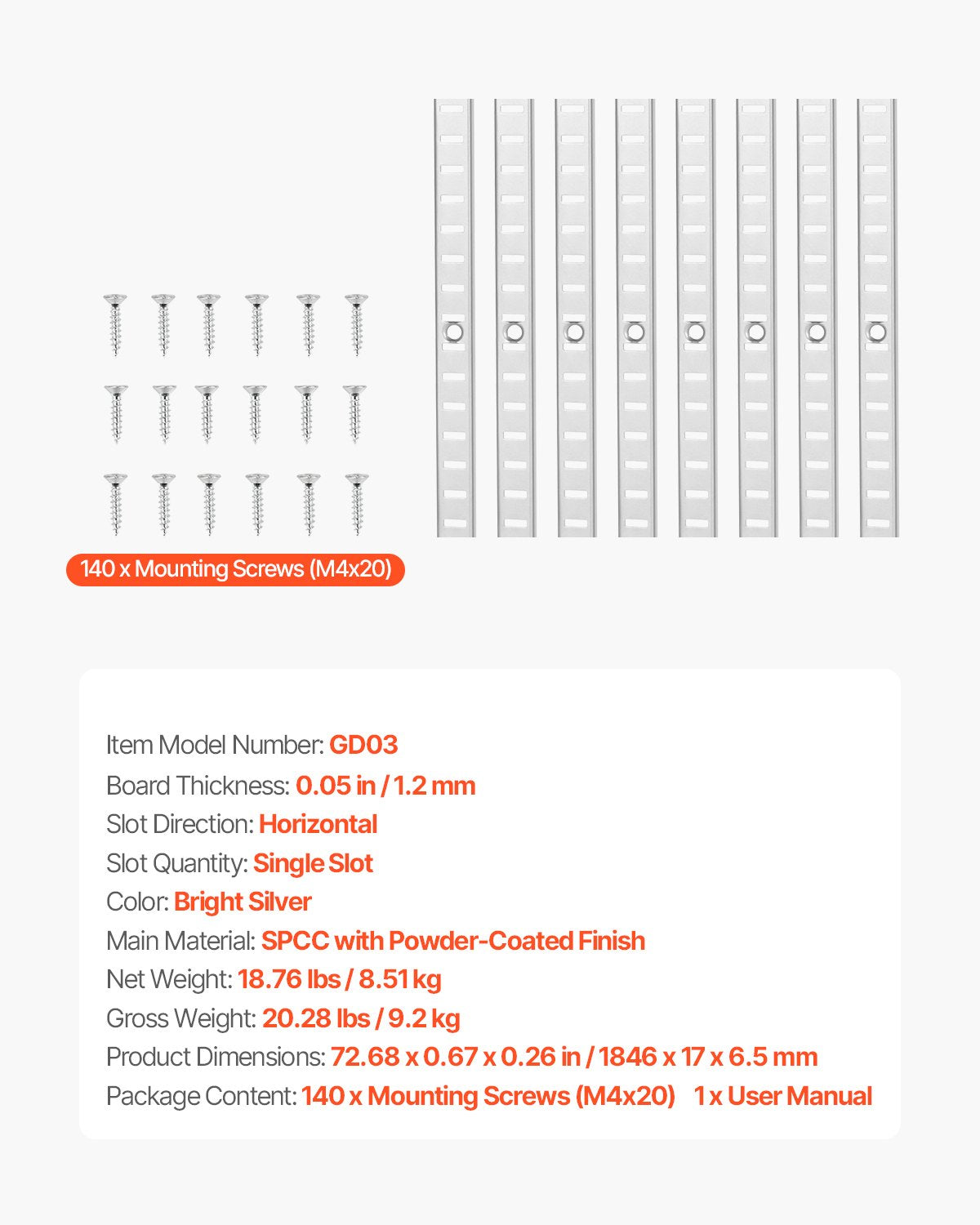 Adjustable 72.7-Inch Shelf Pilaster 20-Pack for Wall Shelving & Closet Organization, Steel Mortise Mount with 140 Screws, Modern Silver Finish