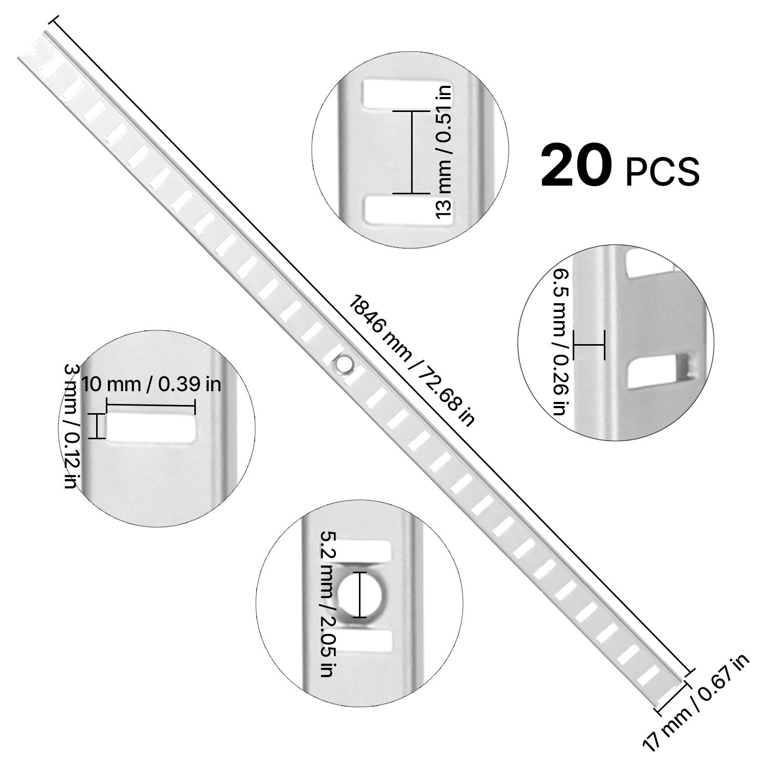 Adjustable 72.7-Inch Shelf Pilaster 20-Pack for Wall Shelving & Closet Organization, Steel Mortise Mount with 140 Screws, Modern Silver Finish