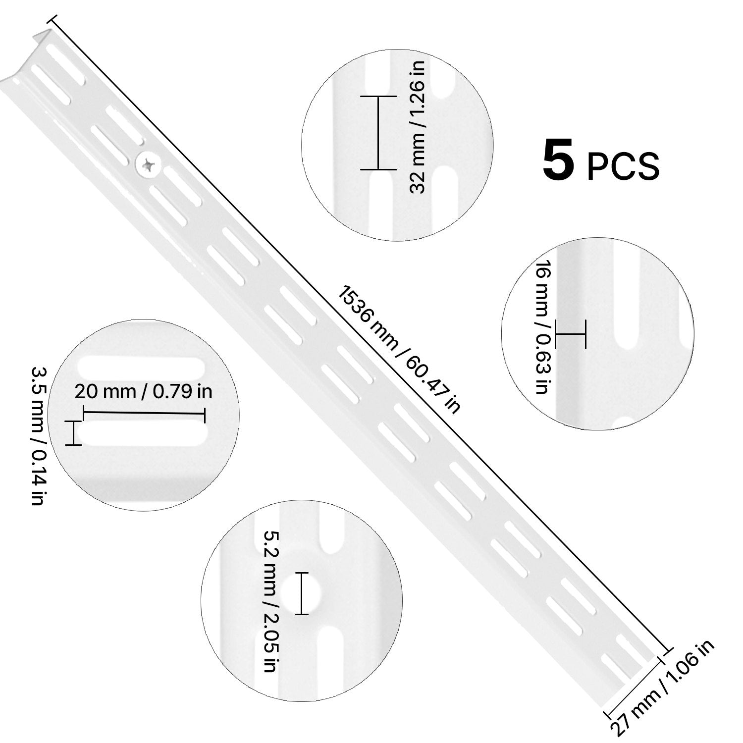 60-Inch 5-Pack Heavy Duty Silver Shelf Pilasters: Dual Track Upright Wall System with Twin Slot Rails & 25 Screws for Organized Closet Storage