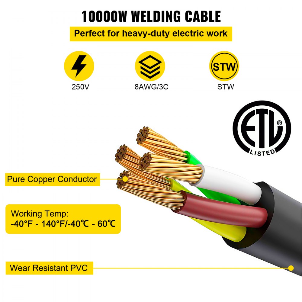 VEVOR Welder Extension Cord 40Amp 50ft 250V, Welding Power Cord with NEMA 6-50 Plug 8 Gauge 3 Prong for MIG,Lincoln,Plasma,Miller,TIG