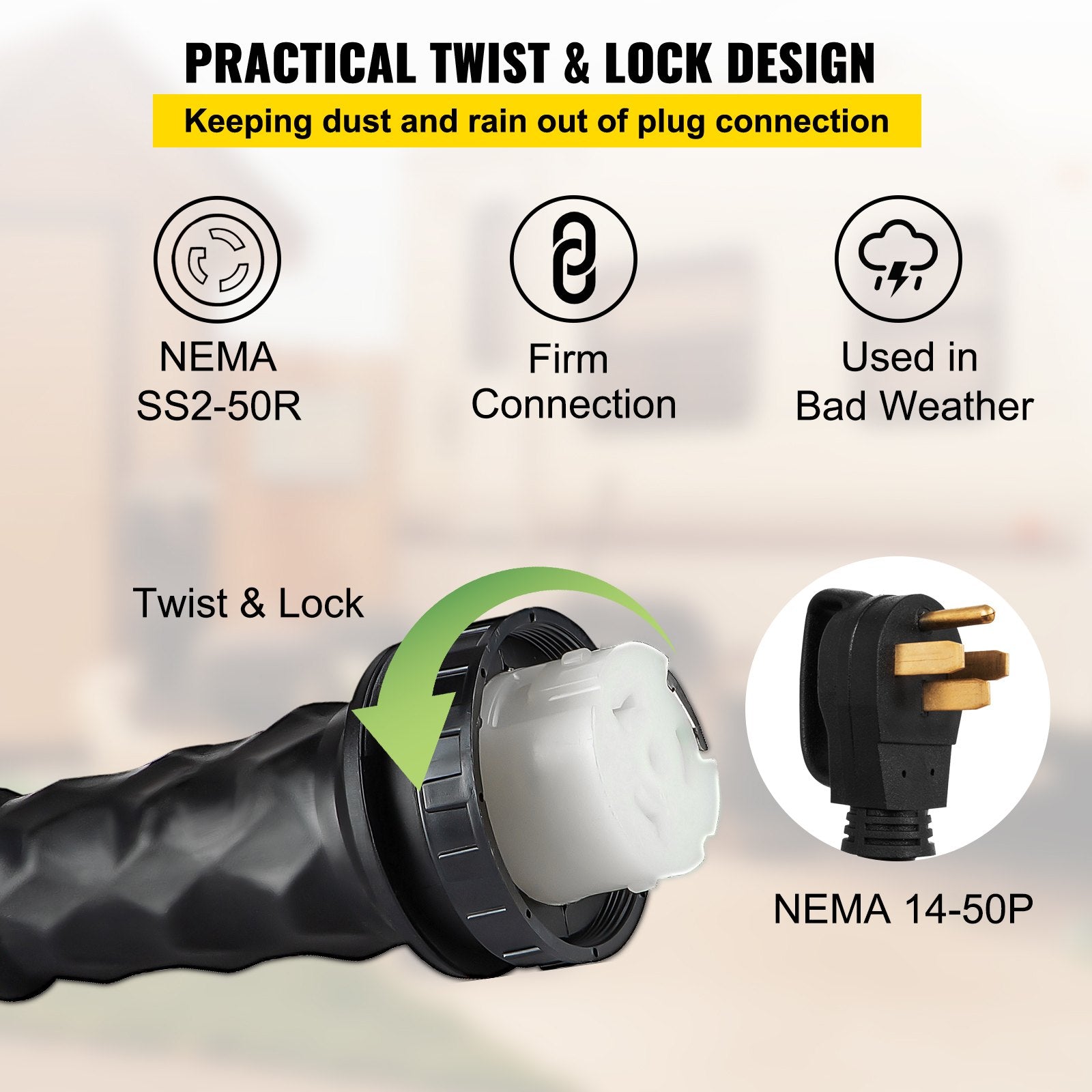 50FT Heavy-Duty 50 Amp RV Extension Cord with Twist Lock, Molded Connector & Patented Handle - CSA Approved, 6AWG/3C+8AWG/1C, NEMA SS2-50R