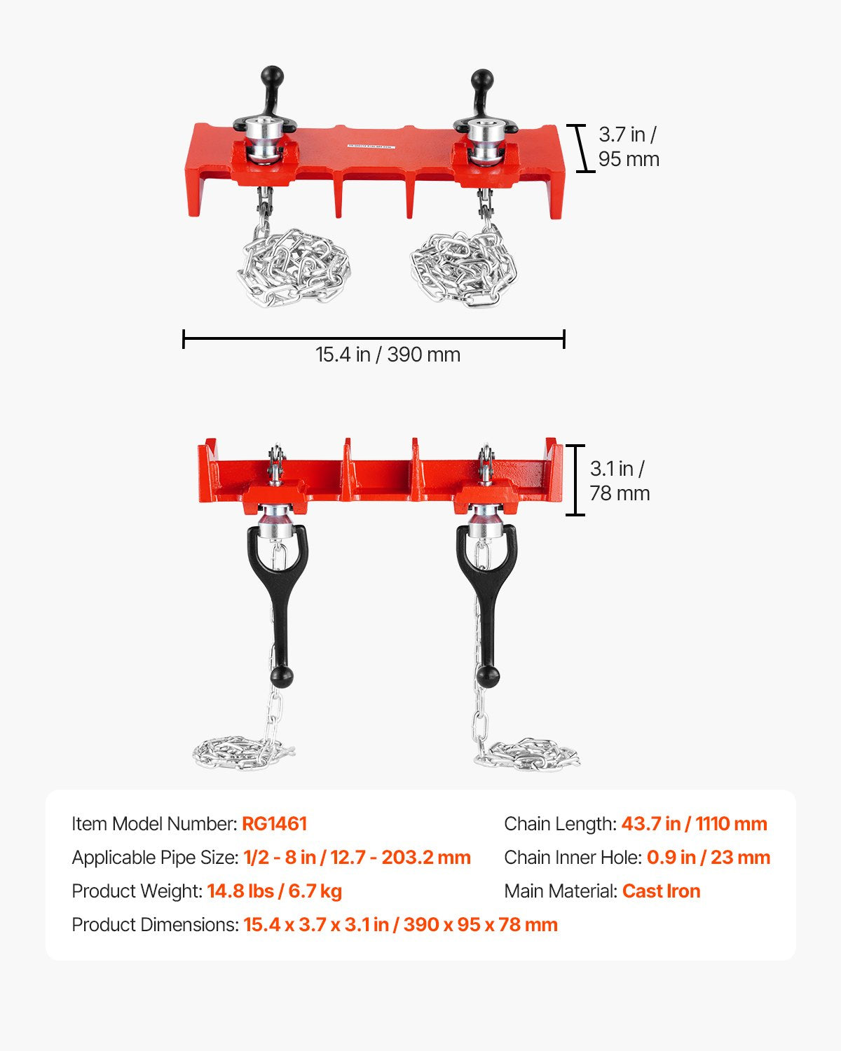 Heavy-Duty Cast Iron Pipe Welding Vise, 1/2 to 8-Inch Clamp with Dual Chains & Crank Handles for Secure and Versatile Pipe Clamping