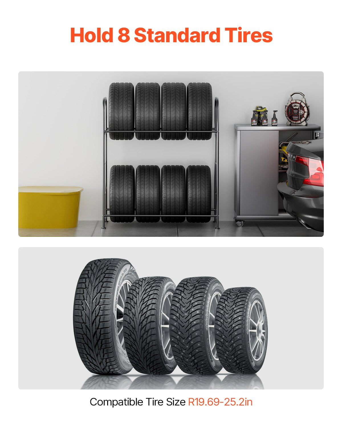 Heavy-Duty Adjustable Tire Storage Rack, 2-Shelf Stand for 8 Tires, Q195 Steel, 397 lbs Capacity with Protective Garage Cover