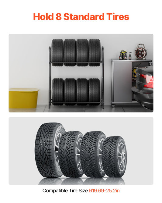 Heavy-Duty Adjustable Tire Storage Rack, 2-Shelf Stand for 8 Tires, Q195 Steel, 397 lbs Capacity with Protective Garage Cover
