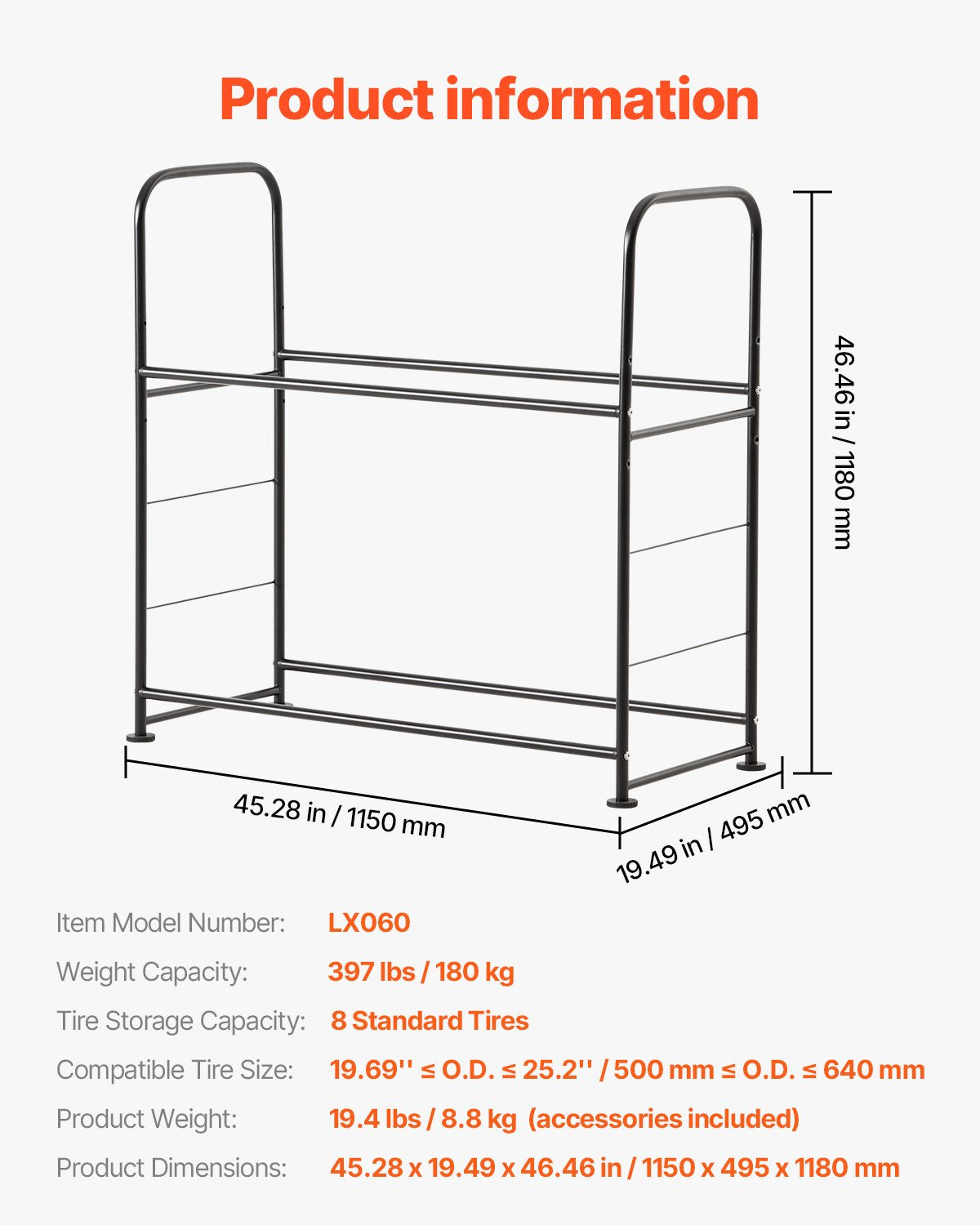 Heavy-Duty Adjustable Tire Storage Rack, 2-Shelf Stand for 8 Tires, Q195 Steel, 397 lbs Capacity with Protective Garage Cover