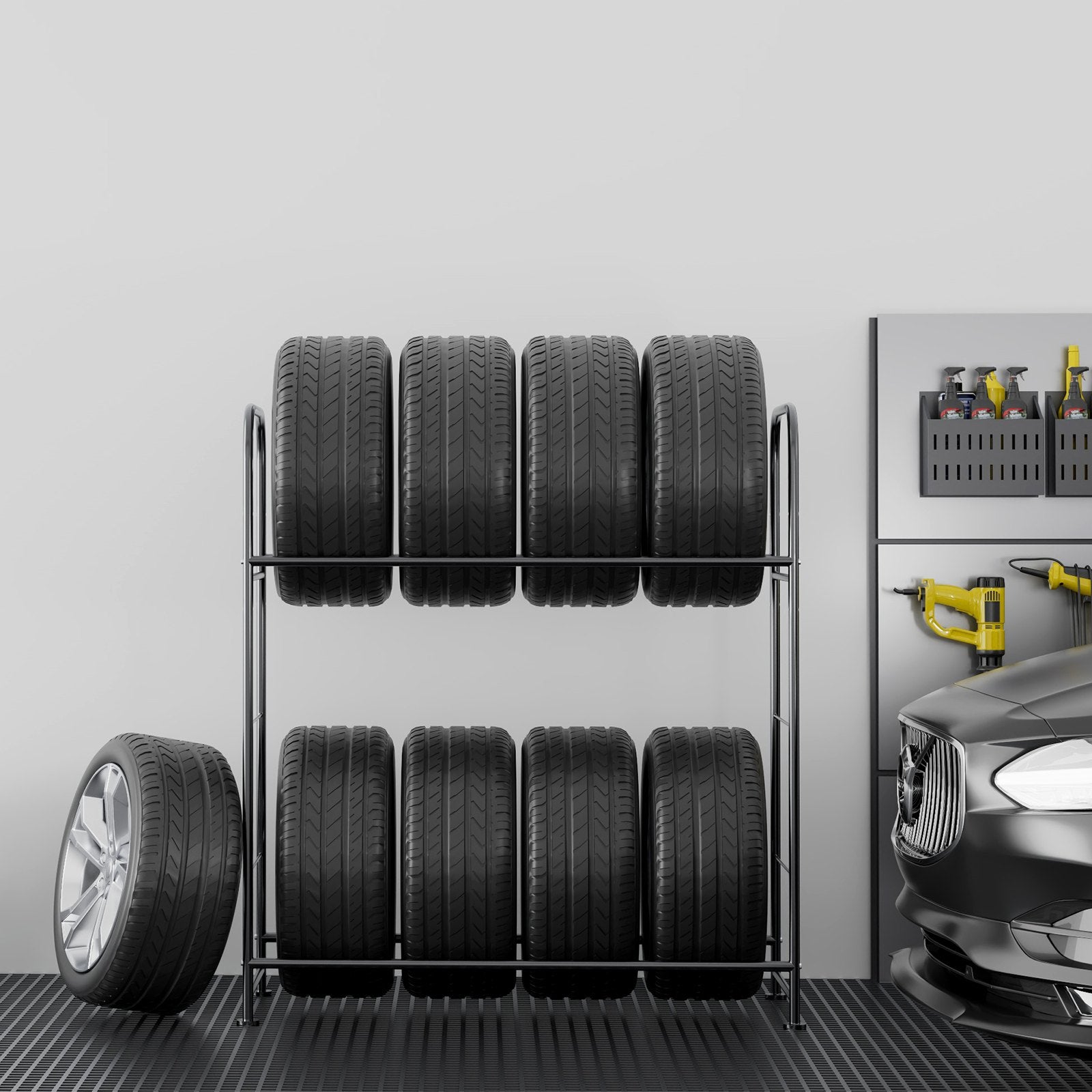Heavy-Duty Adjustable Tire Storage Rack, 2-Shelf Stand for 8 Tires, Q195 Steel, 397 lbs Capacity with Protective Garage Cover