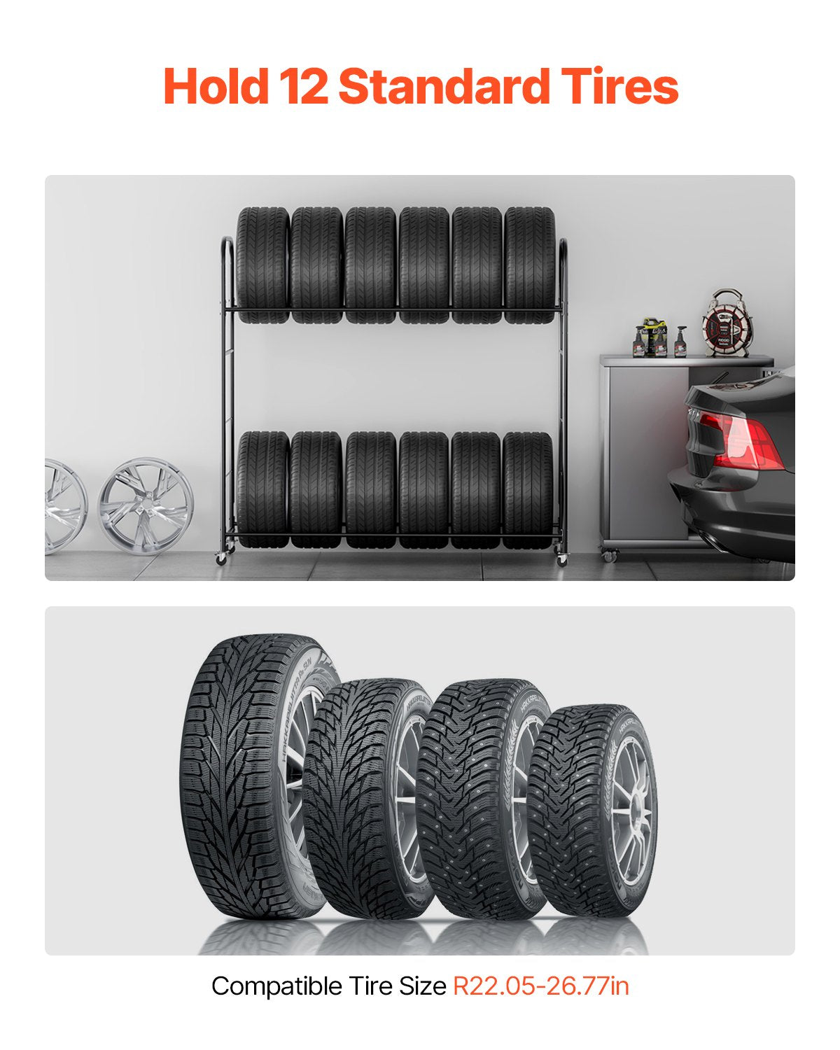 Heavy-Duty Rolling Tire Storage Rack with Adjustable Height, 2-Shelf Holder, Transport Trailer, Protective Cover, Holds 12 Tires
