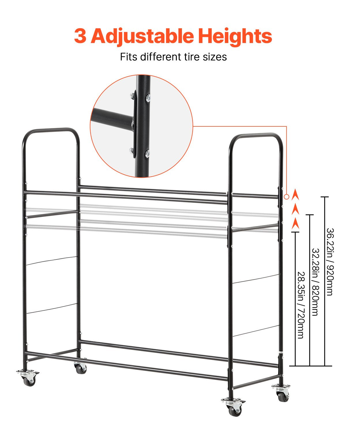 Heavy-Duty Rolling Tire Storage Rack with Adjustable Height, 2-Shelf Holder, Transport Trailer, Protective Cover, Holds 12 Tires