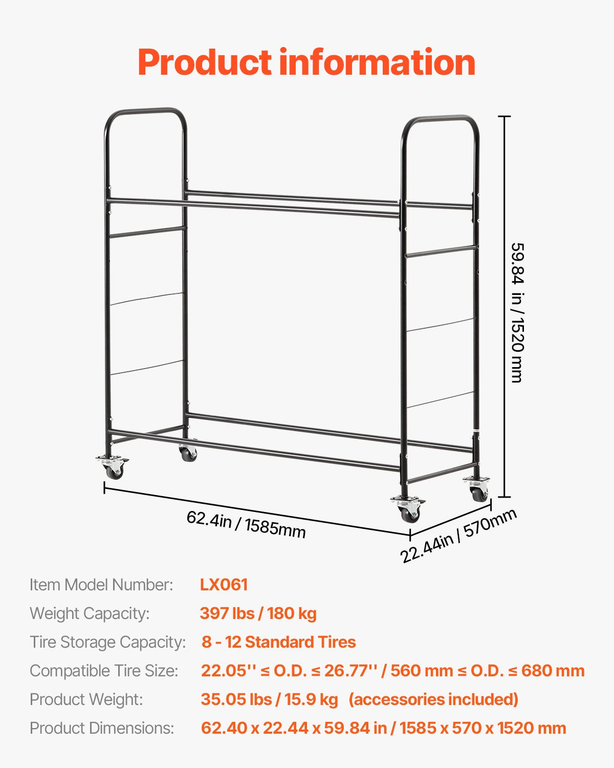 Heavy-Duty Rolling Tire Storage Rack with Adjustable Height, 2-Shelf Holder, Transport Trailer, Protective Cover, Holds 12 Tires
