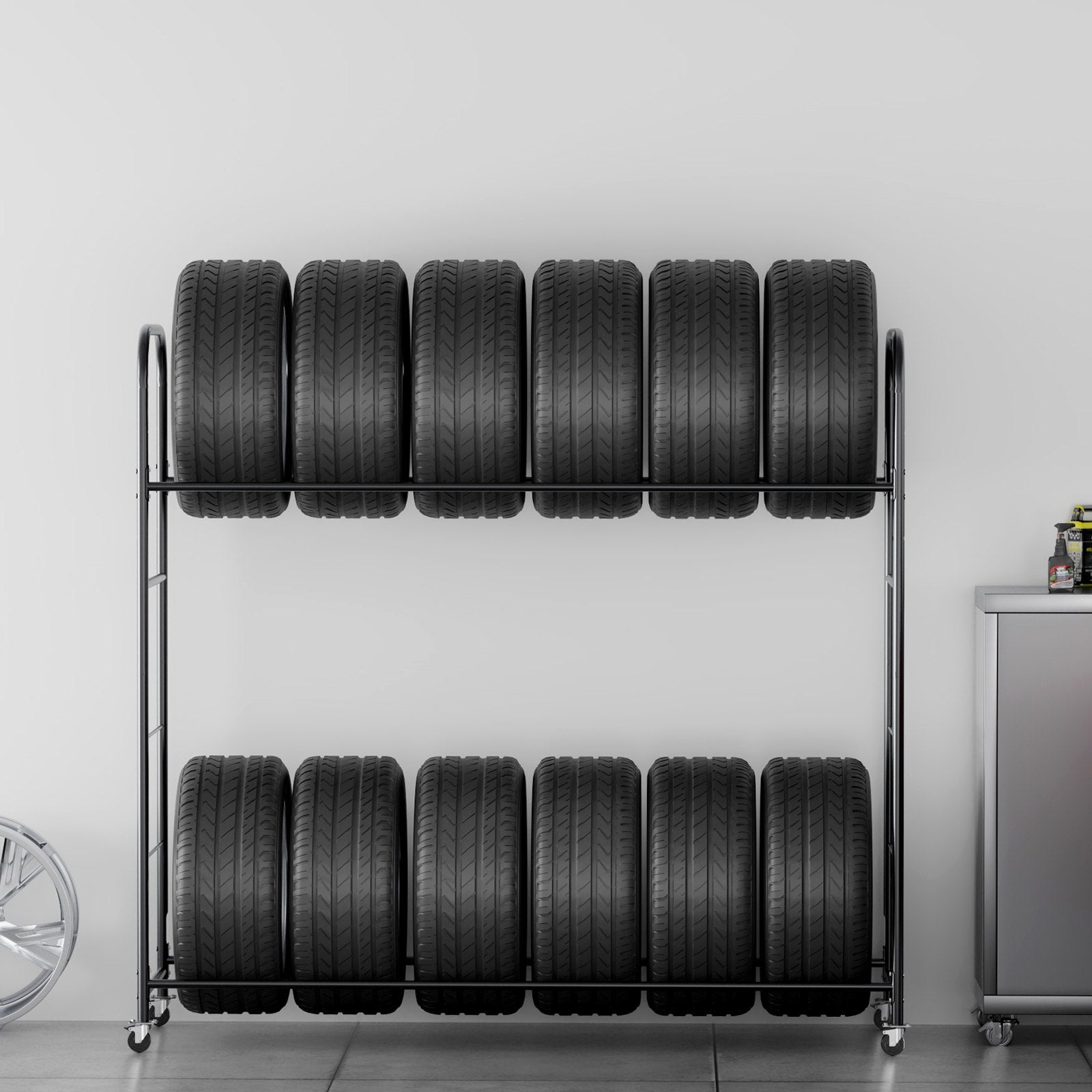 Heavy-Duty Rolling Tire Storage Rack with Adjustable Height, 2-Shelf Holder, Transport Trailer, Protective Cover, Holds 12 Tires