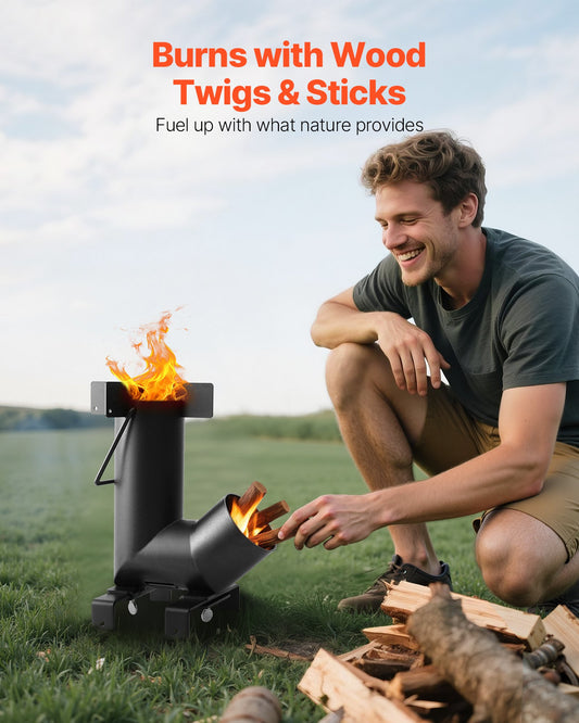 Portable Carbon Steel Rocket Stove for Outdoor Cooking - Wood Burning, Backpacking, Camp Heating, Durable with Carrying Bag