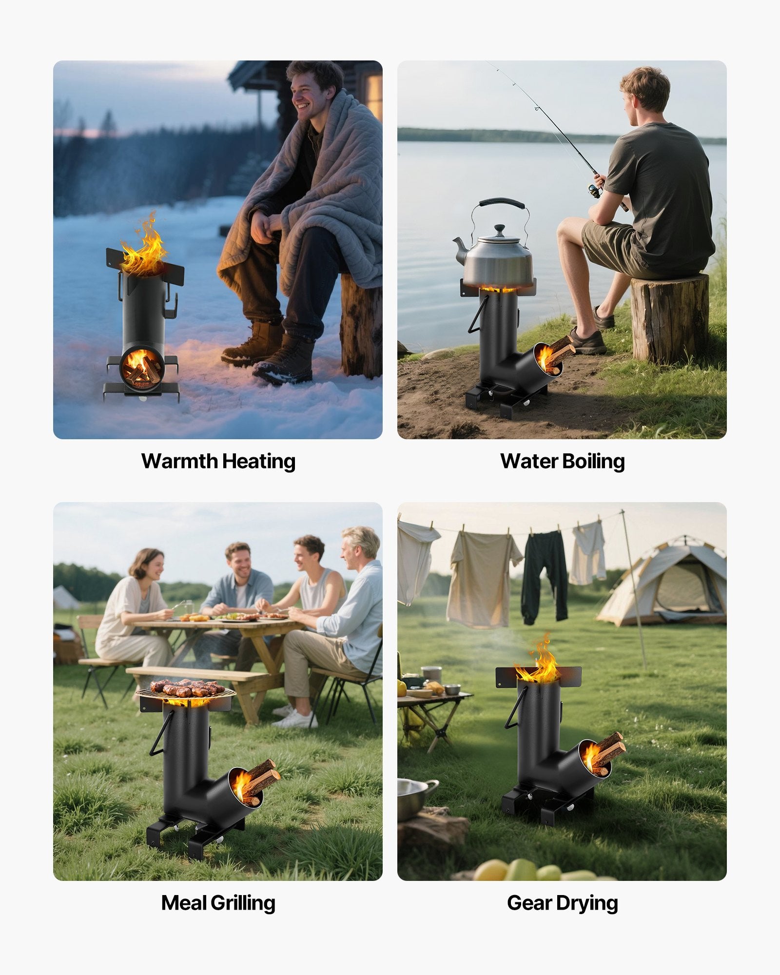 Portable Carbon Steel Rocket Stove for Outdoor Cooking - Wood Burning, Backpacking, Camp Heating, Durable with Carrying Bag